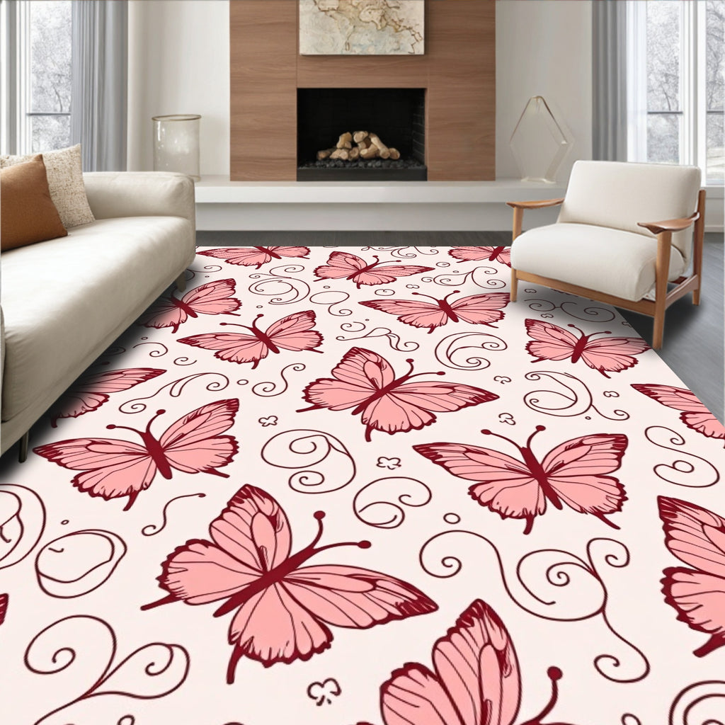 Delicate Pink Butterfly Swirl Pattern Rug