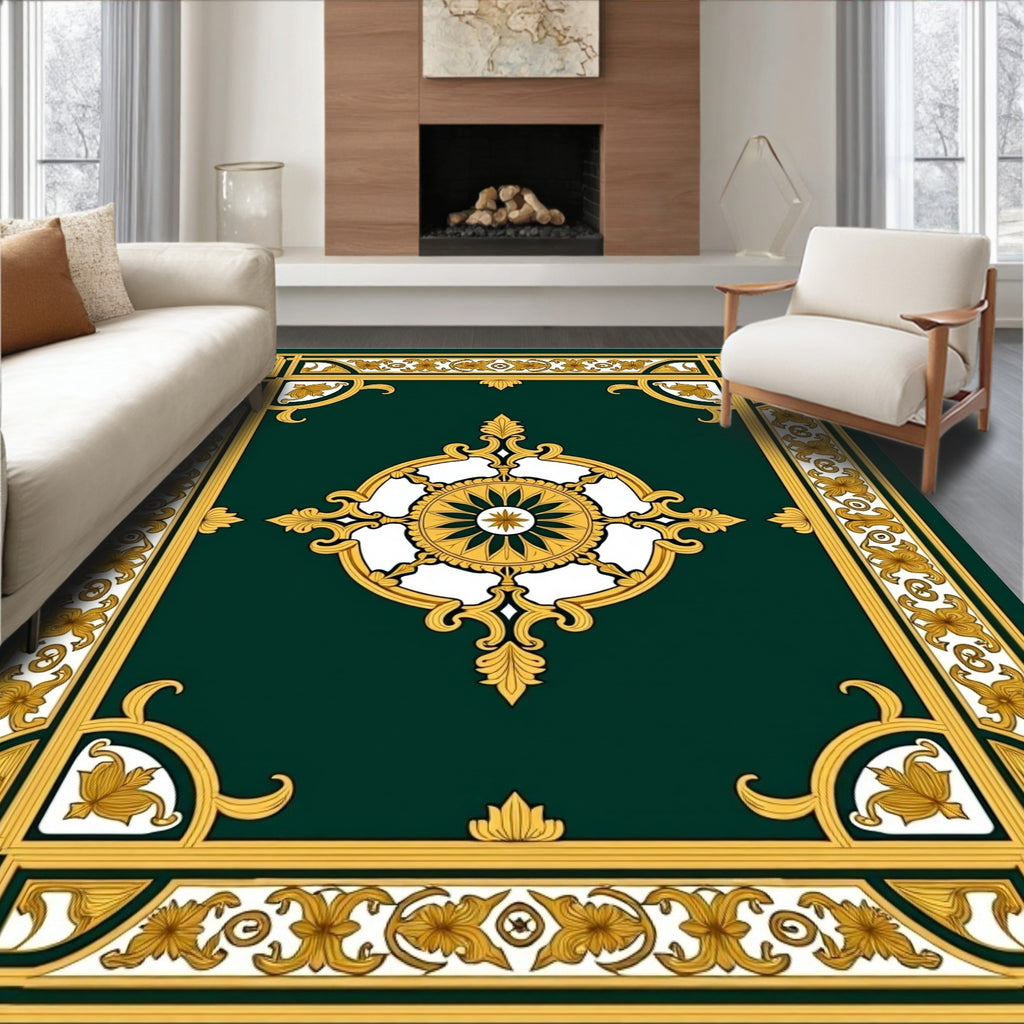 Ornate Golden Green Mandala Rug