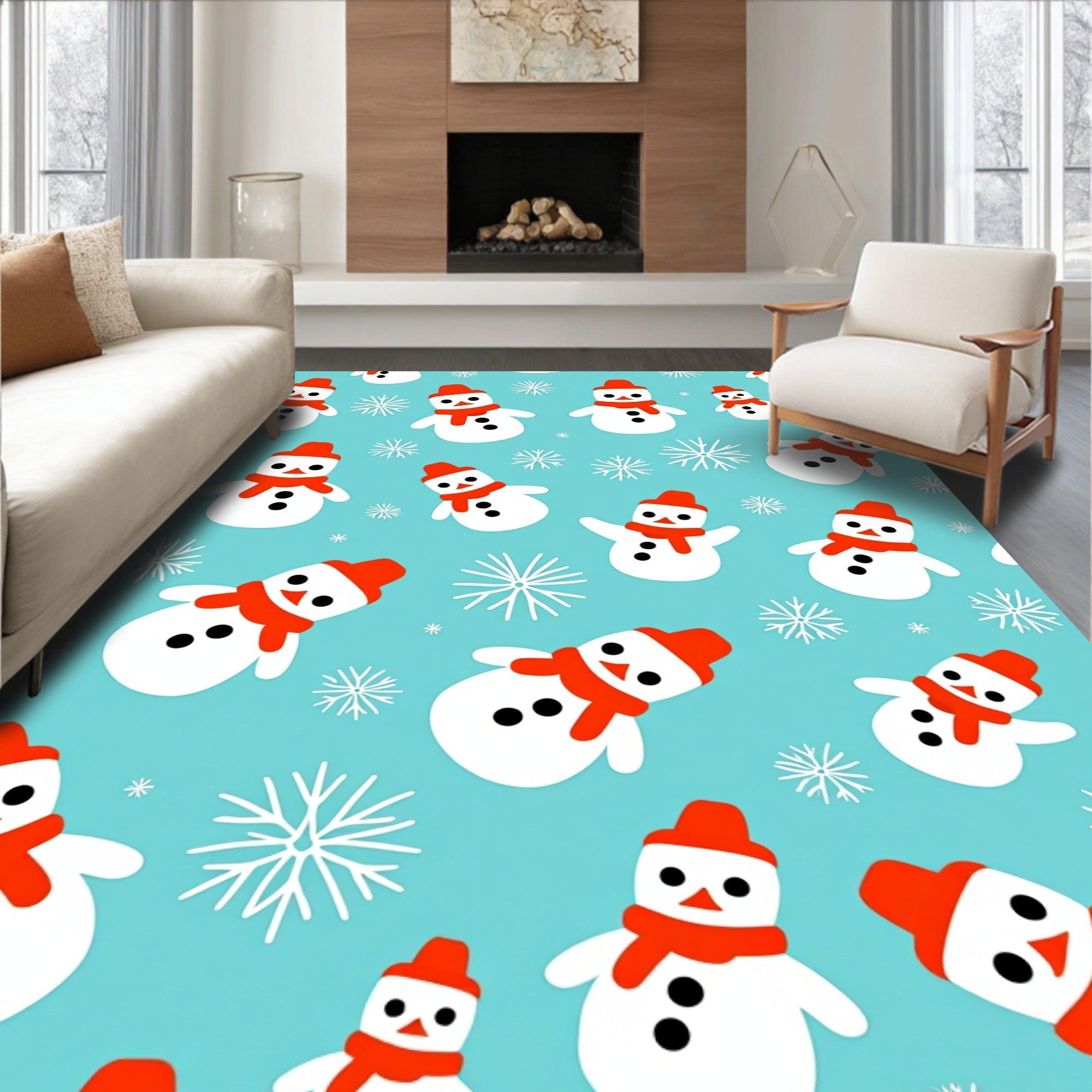 Cheerful Snowmen Winter Holiday Icons Rug