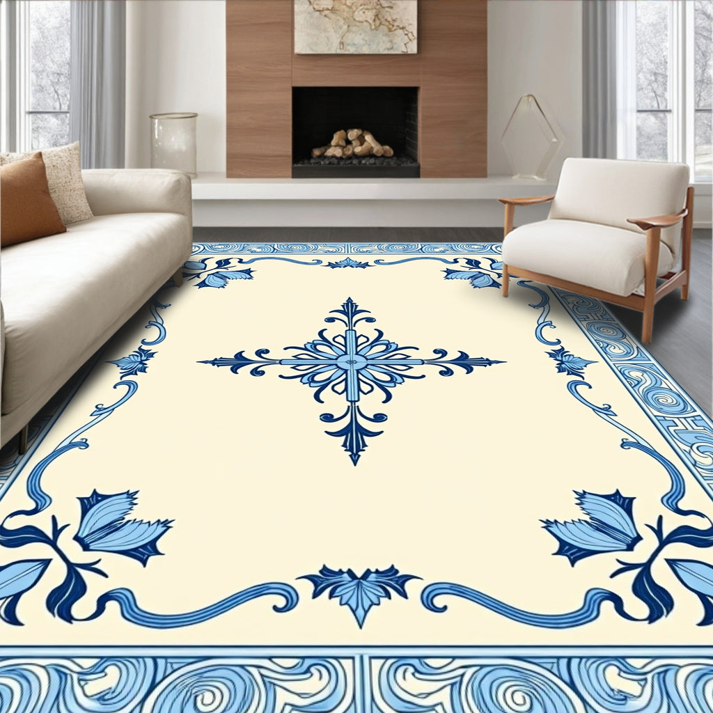 Blue Floral Border With Central Motif Rug