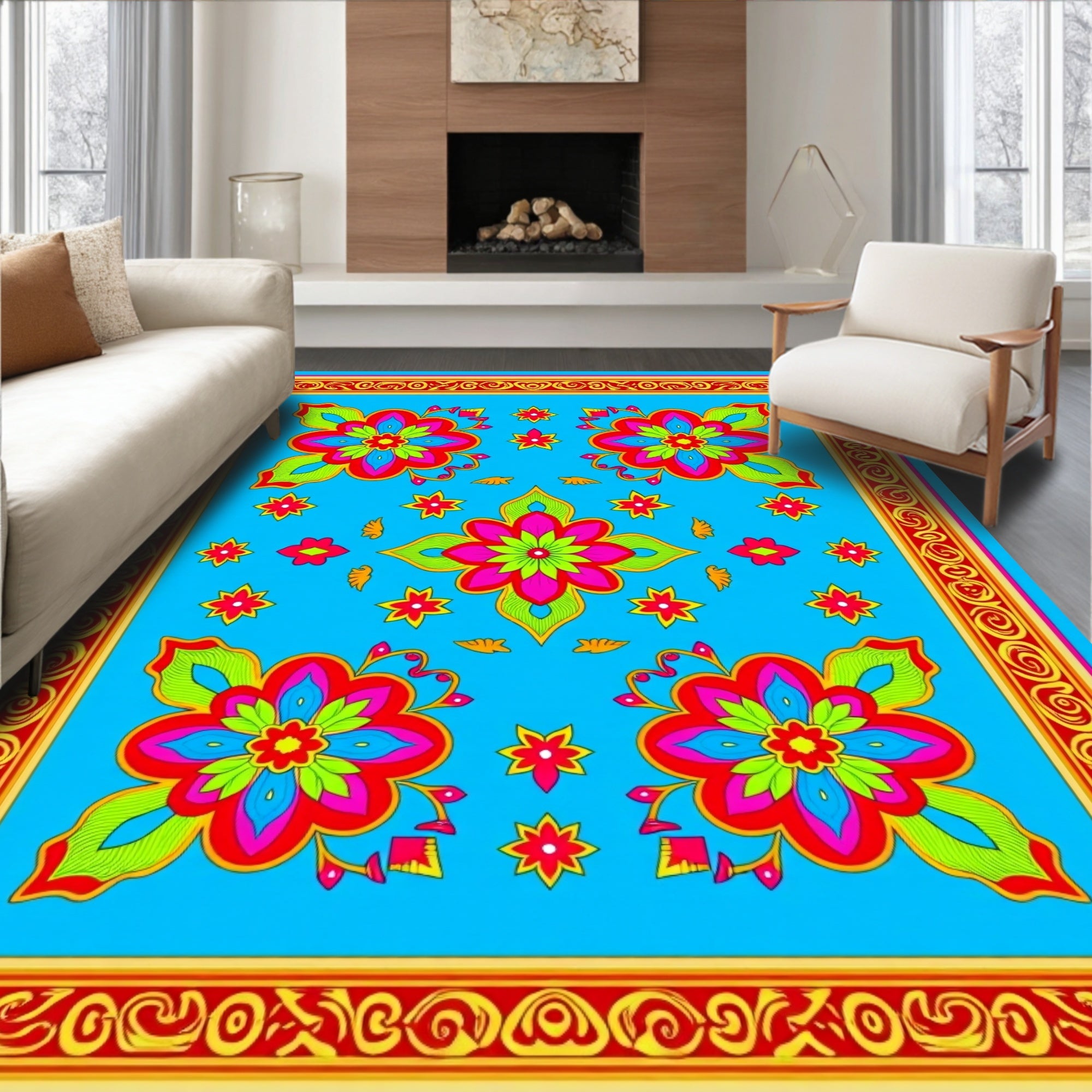 Vibrant Floral Medallion Pattern Rug
