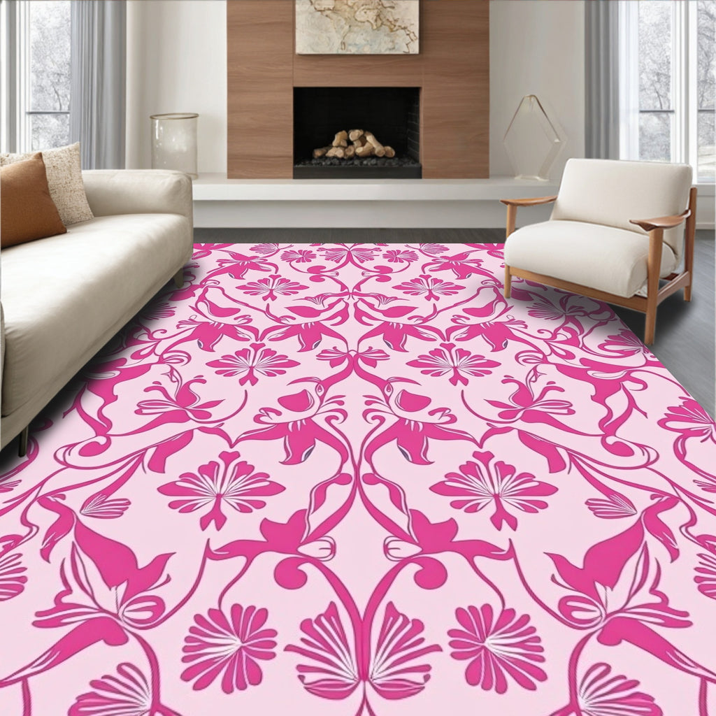 Pink Floral Scroll Pattern Rug