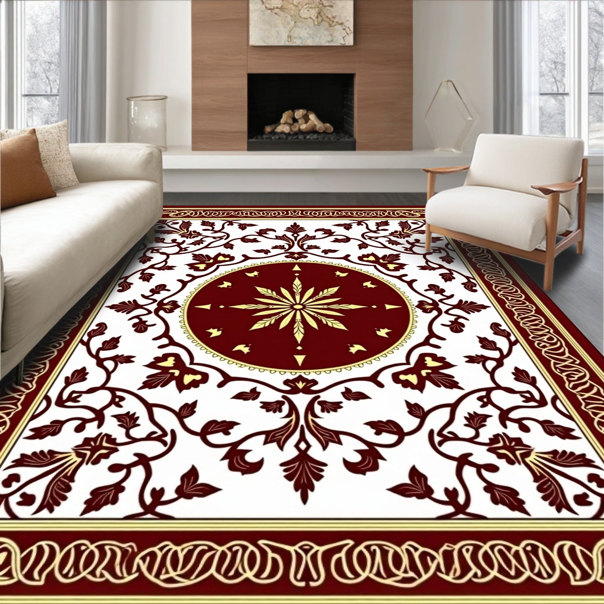 Rich Wine Scarlet Floral Scroll Rug
