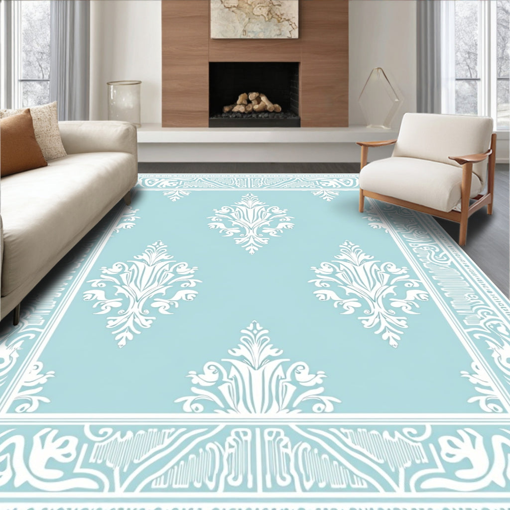 Pale Blue White Classic Damask Style Rug