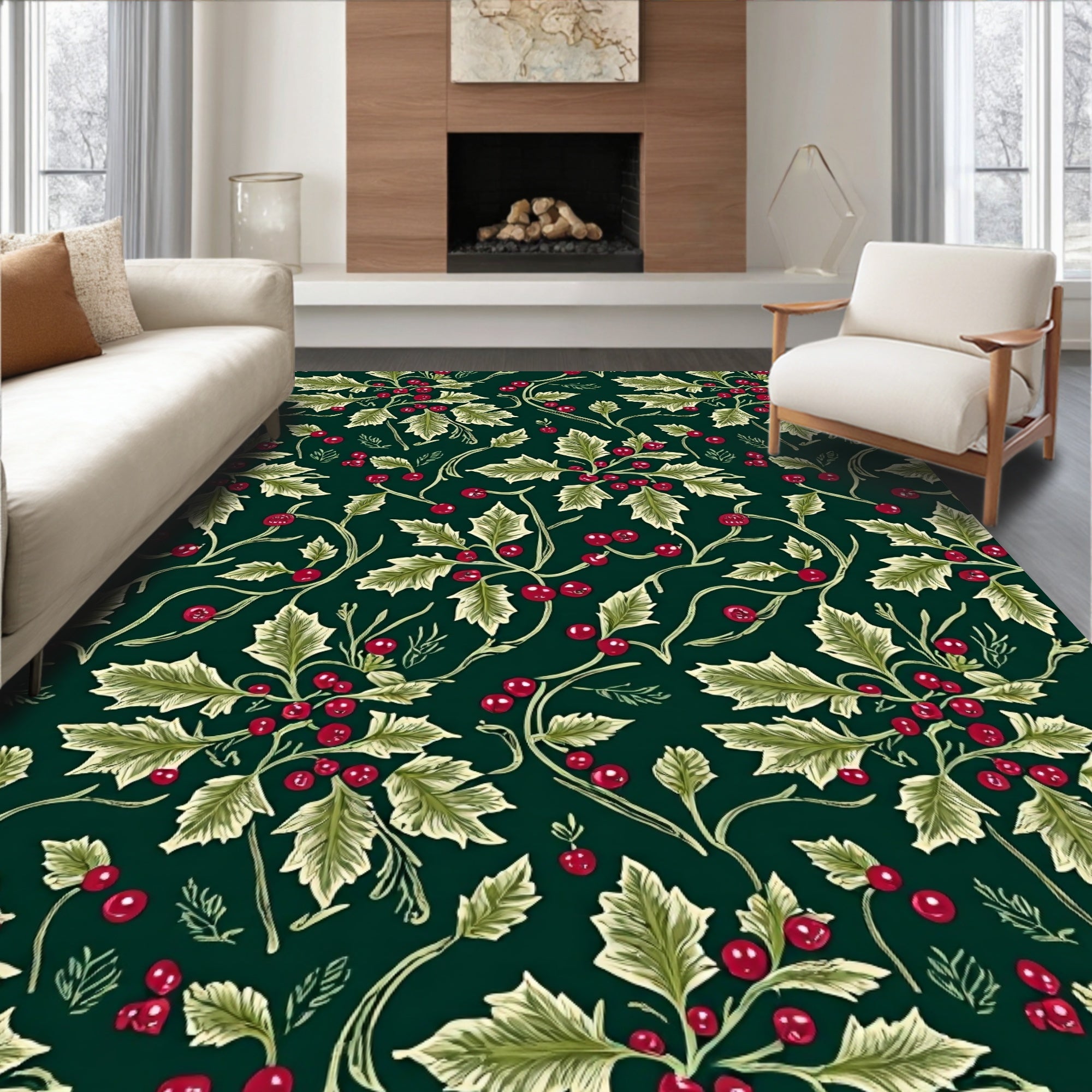 Dark Green Holly Berry Garland Rug