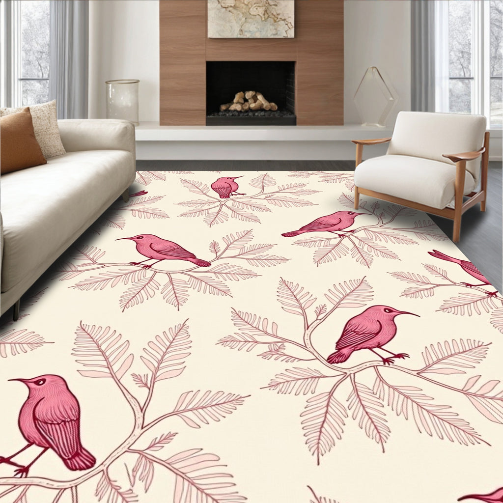 Pink Birds Perched on Branch Pattern Rug