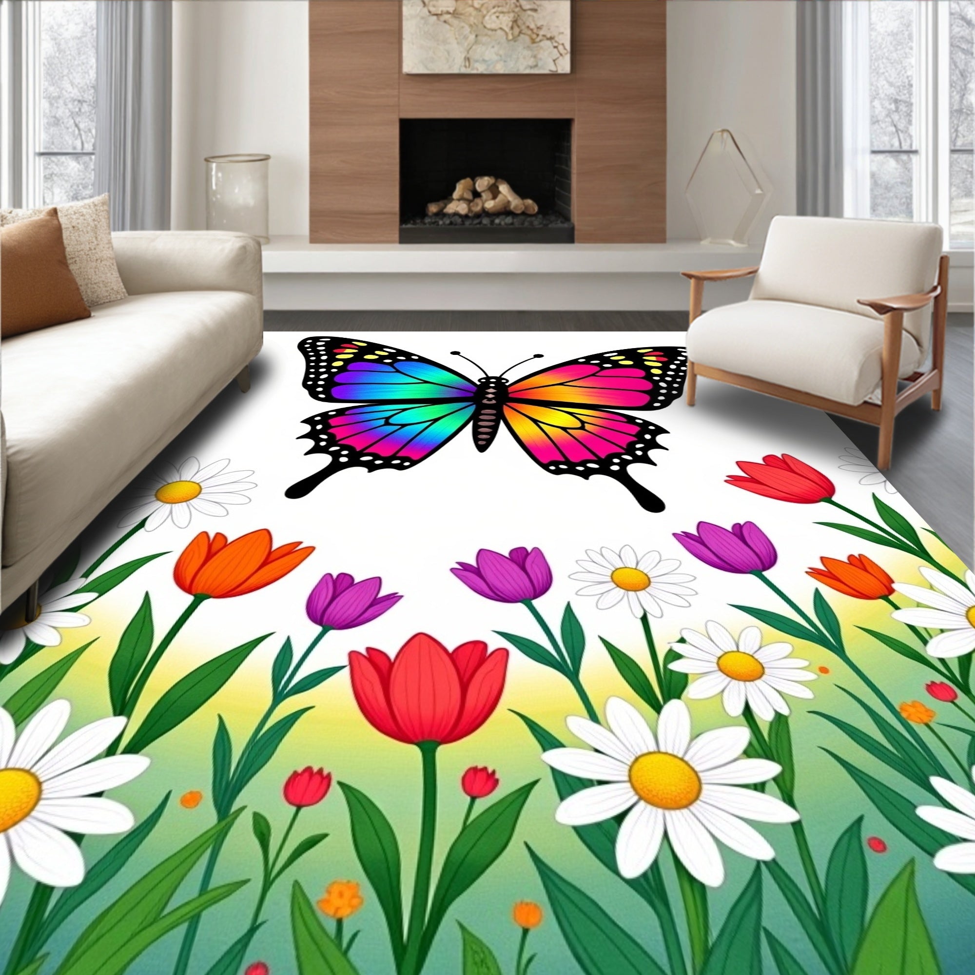 Butterfly Daisy Filled Meadow Design Rug