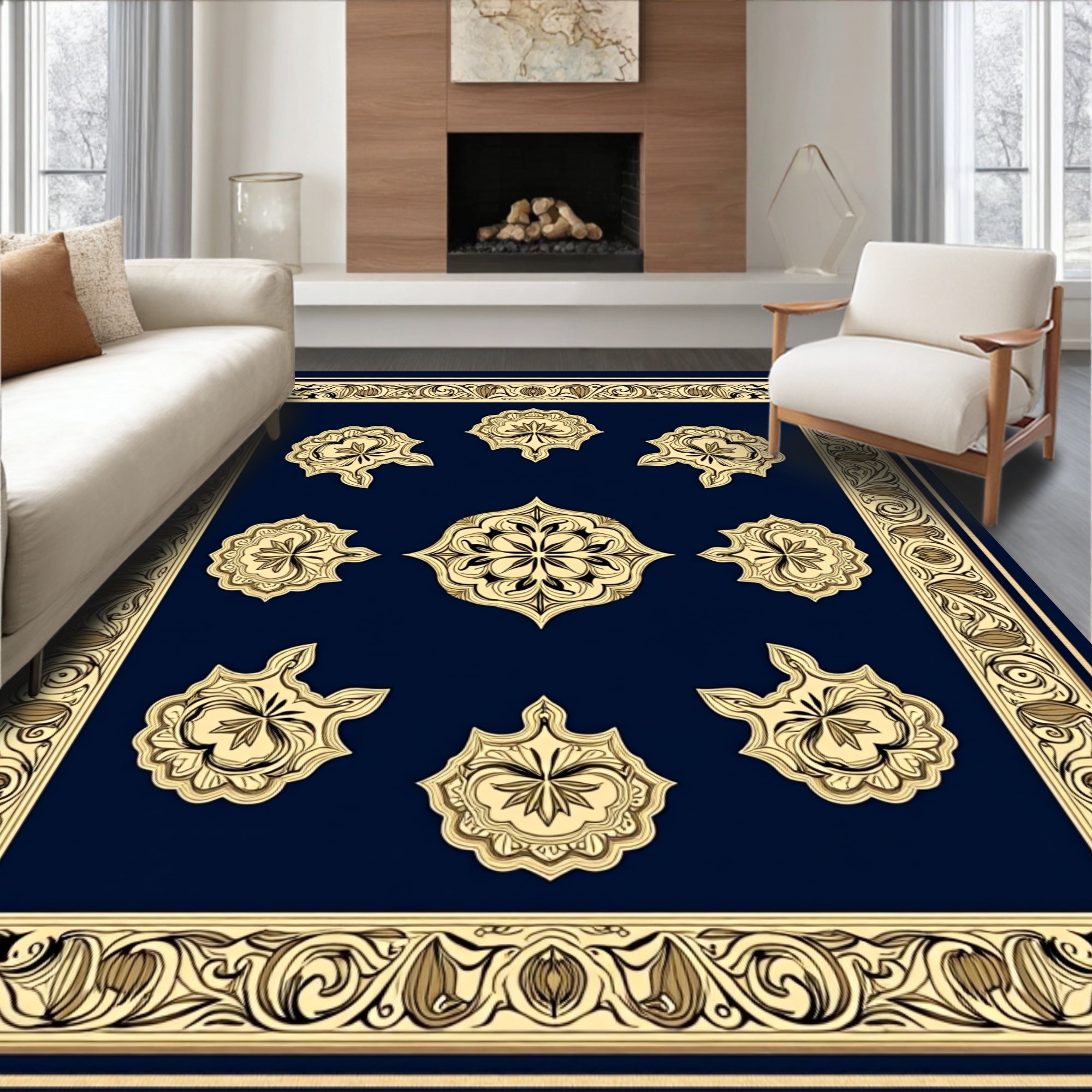 Intricate Golden Floral Medallion Design Rug
