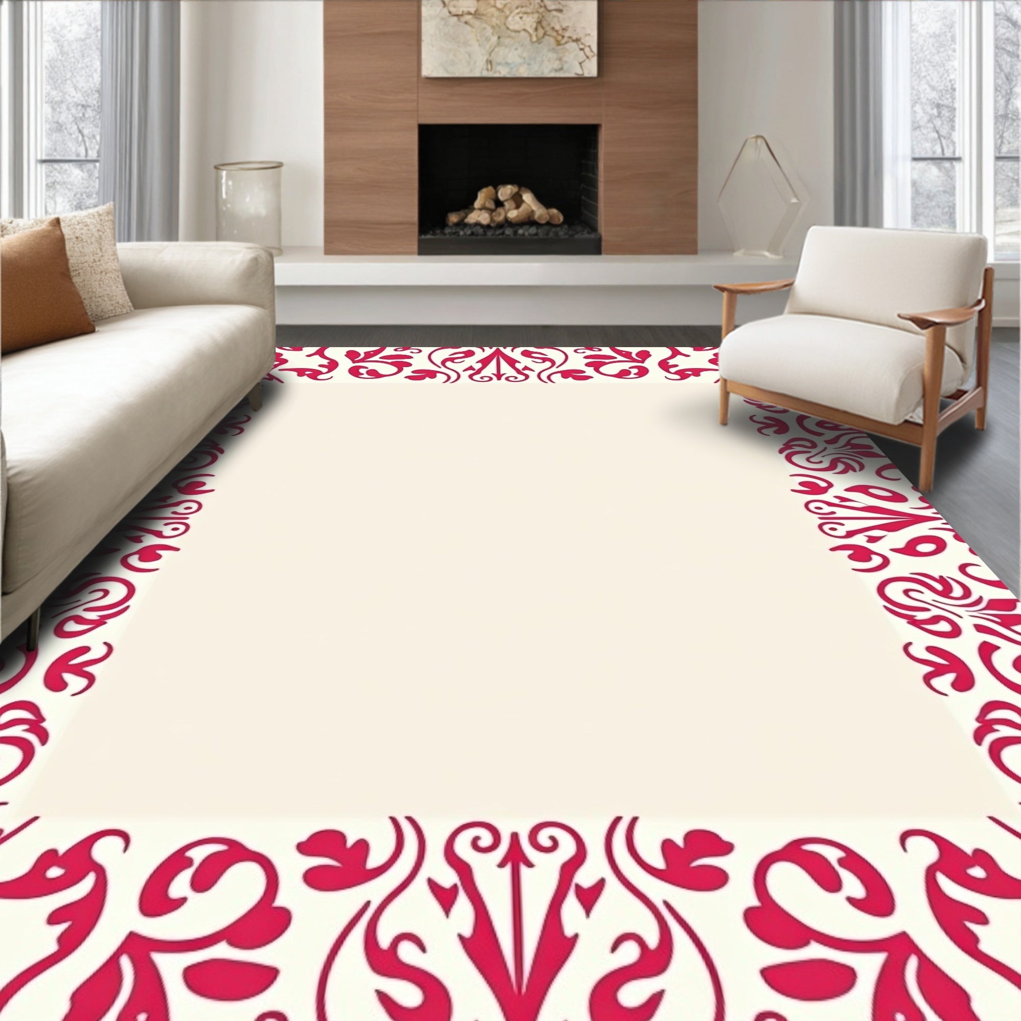 Elegant Red Floral Scroll Border Rug