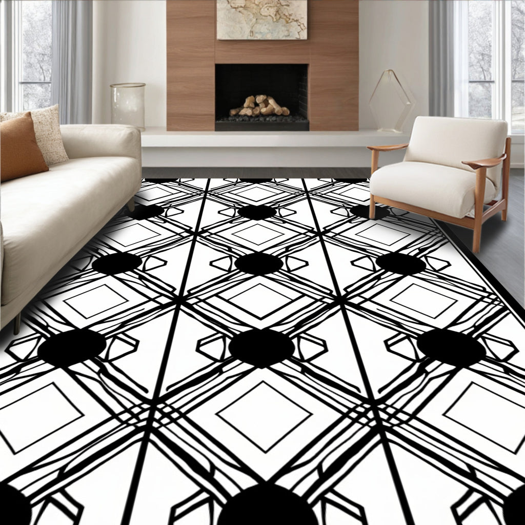 Black White Geometric Diamond Pattern Rug