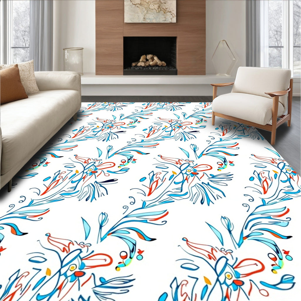 Whimsical Blue Coral Floral Scroll Rug
