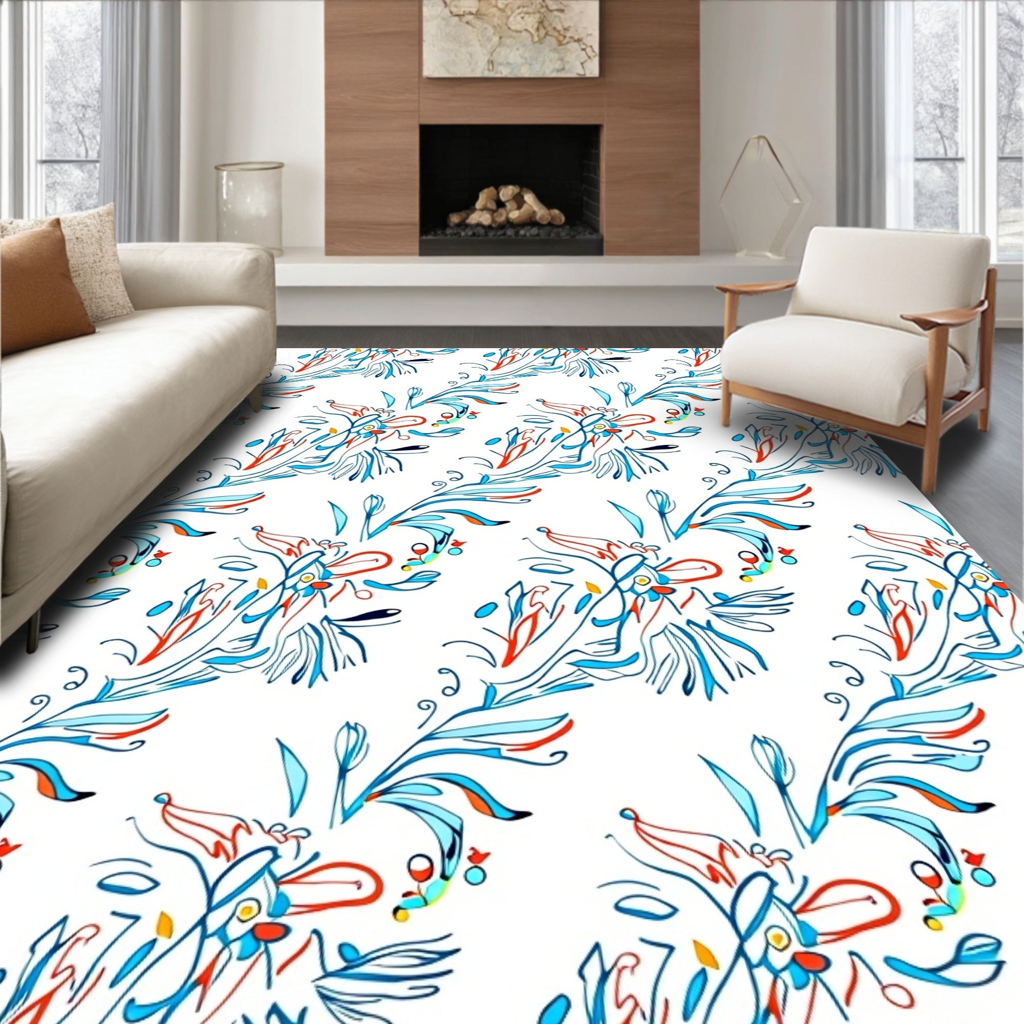 Whimsical Blue Coral Floral Scroll Rug