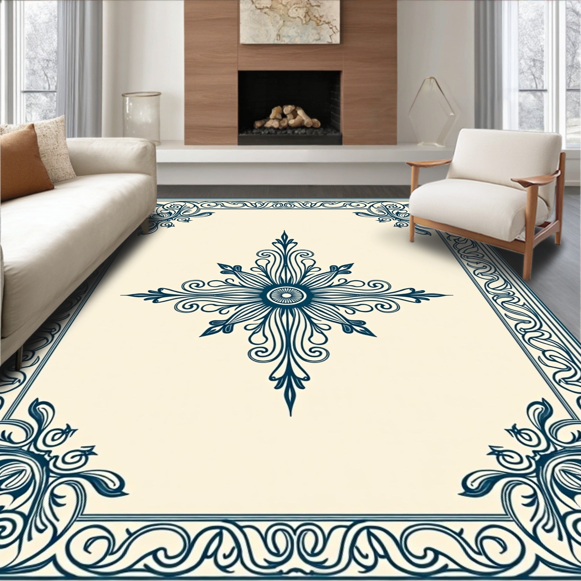 Ornate Teal Floral Medallion Pattern Rug