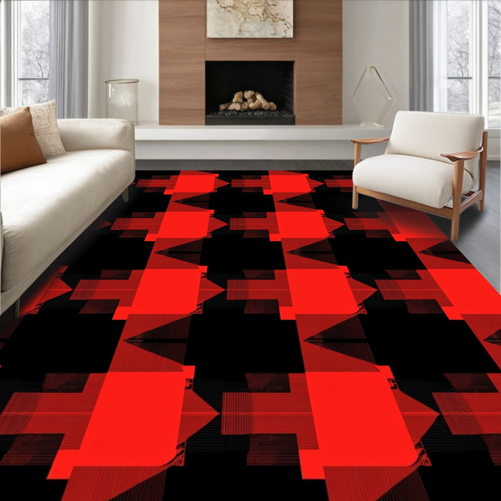 Bold Red Black Geometric Pattern Rug