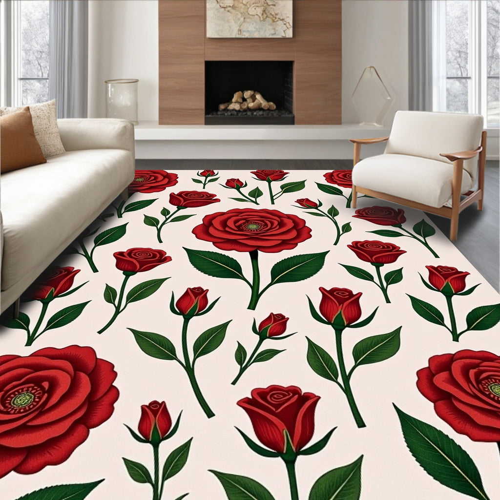 Vibrant Red Rose Garden Pattern Rug