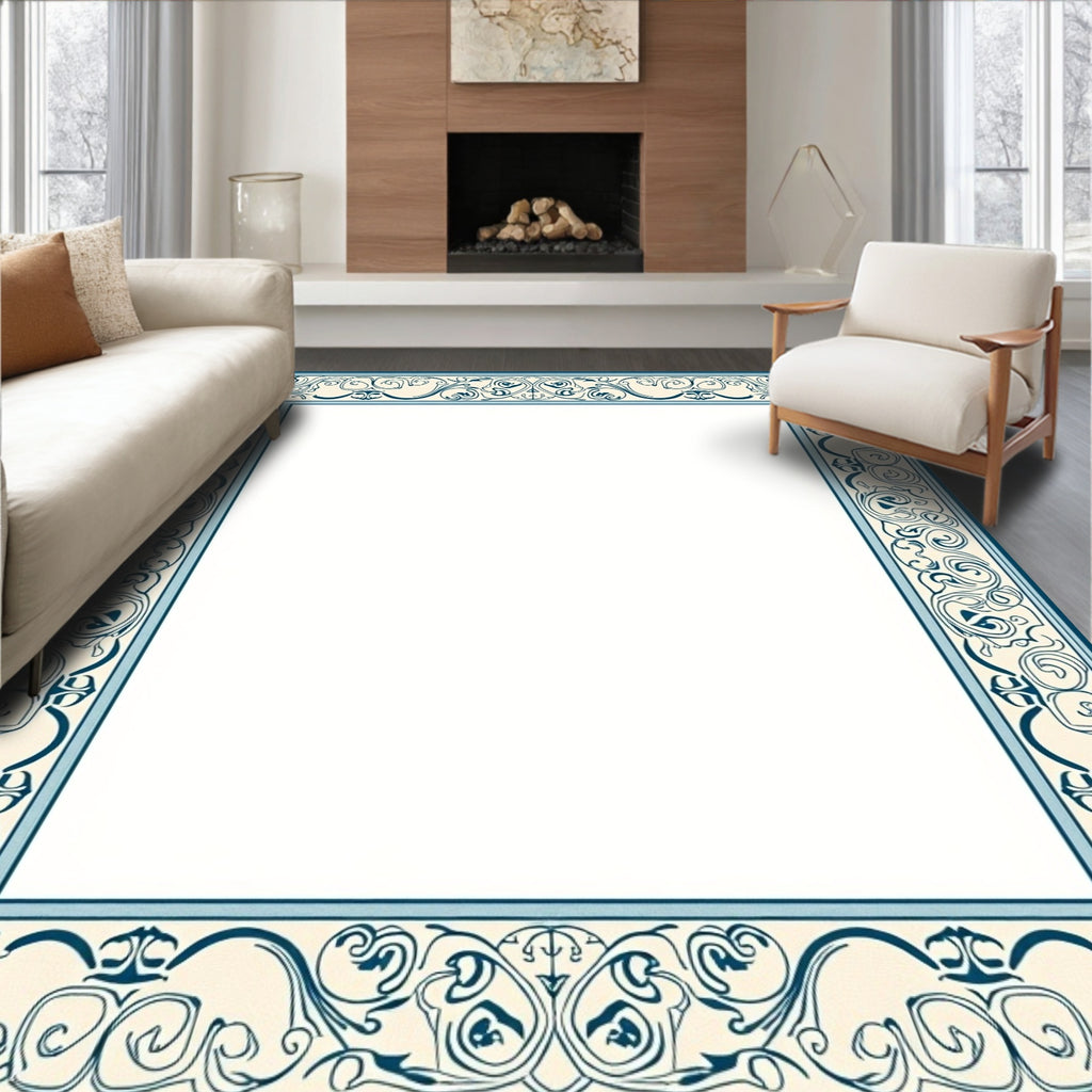 Intricate Teal Floral Scroll Border Rug