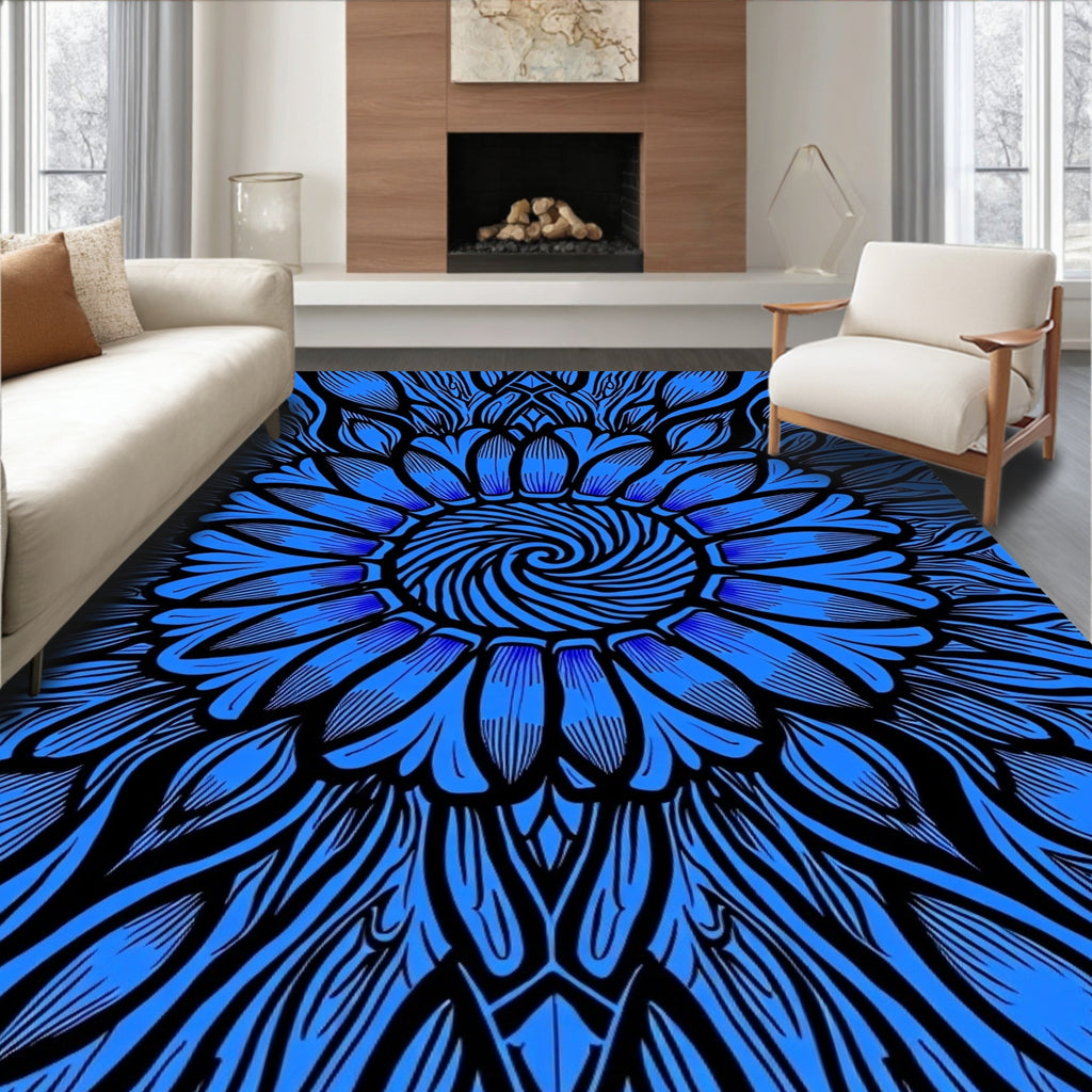 Bold Blue Floral Swirl Pattern Rug