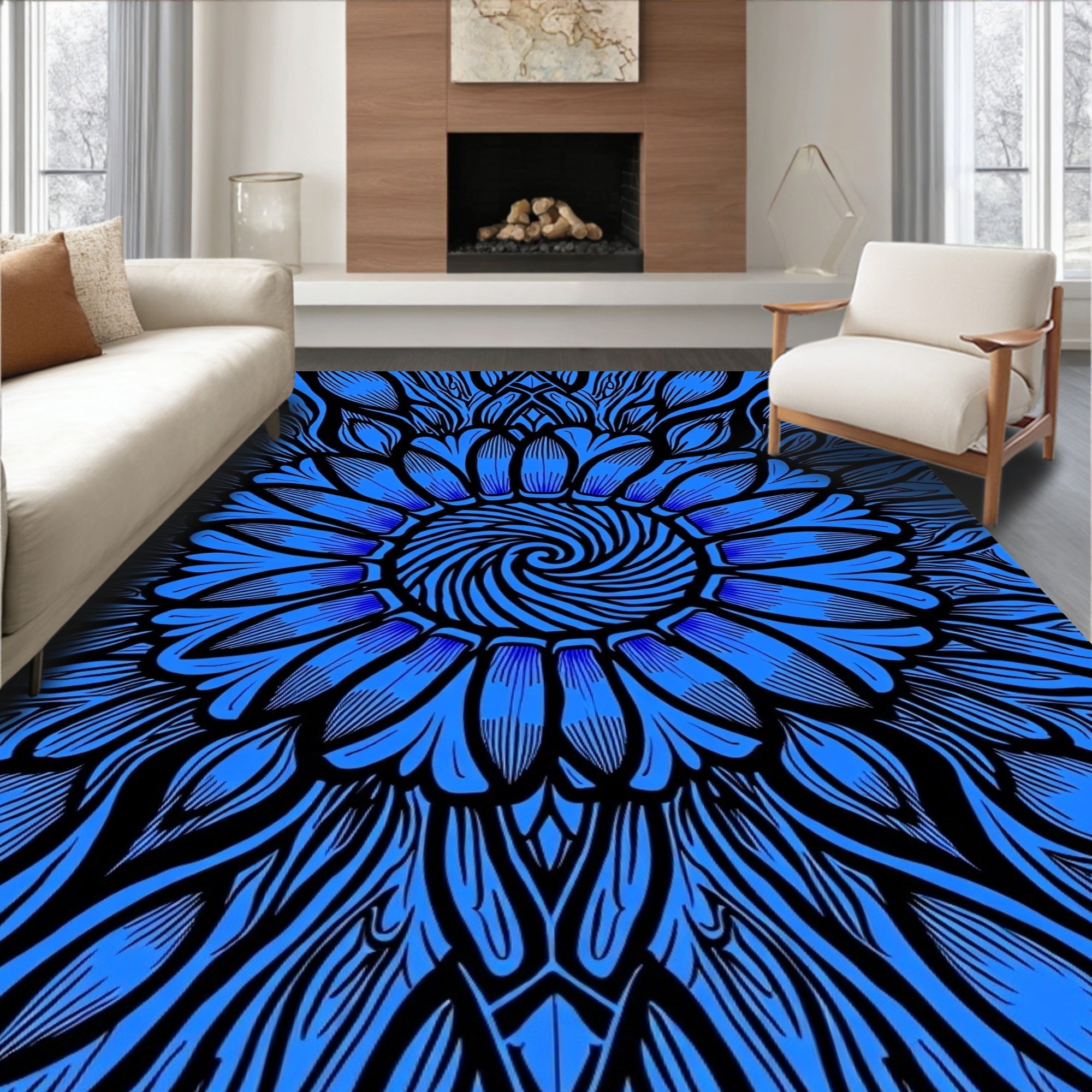 Bold Blue Floral Swirl Pattern Rug