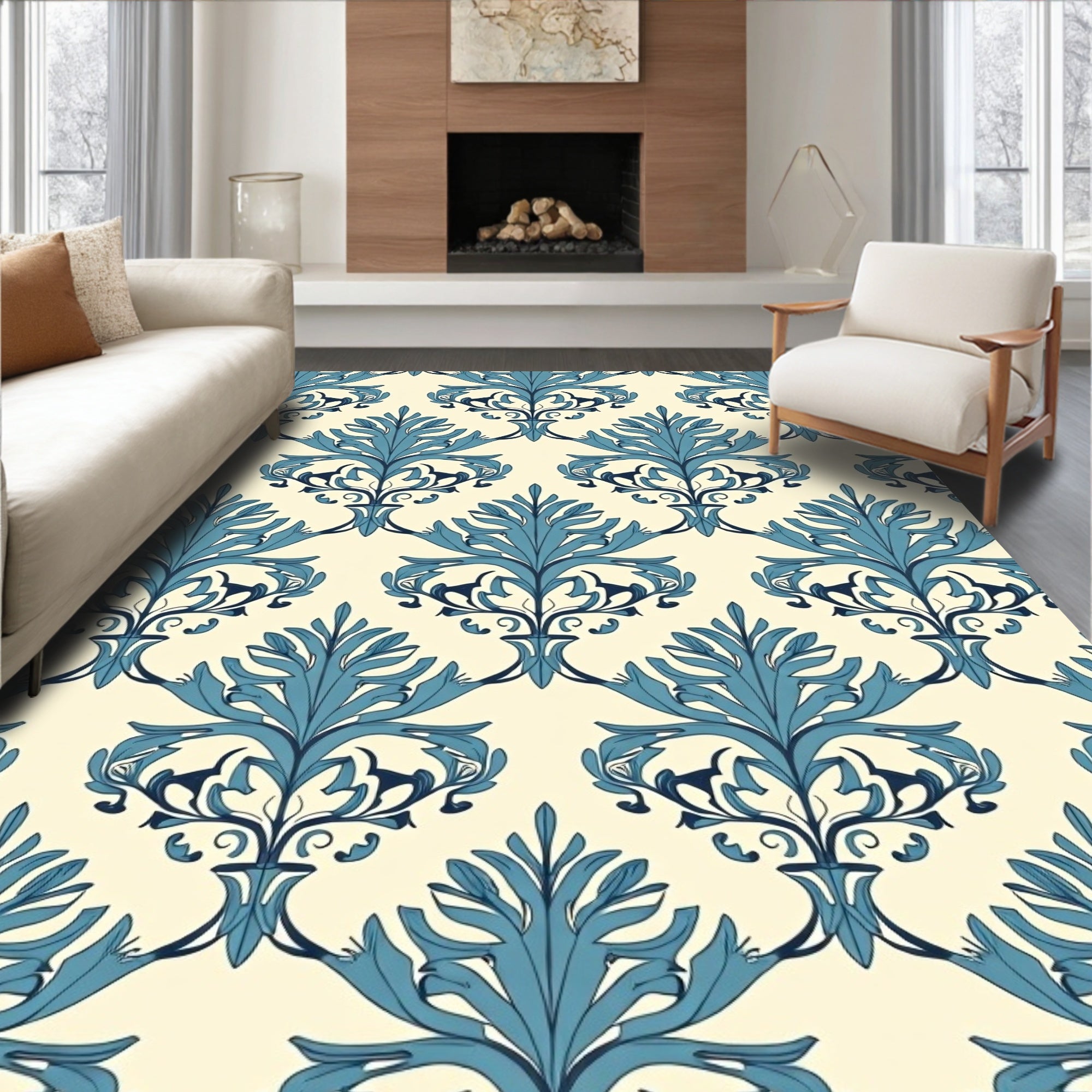 Classic Blue Floral Damask Pattern Rug