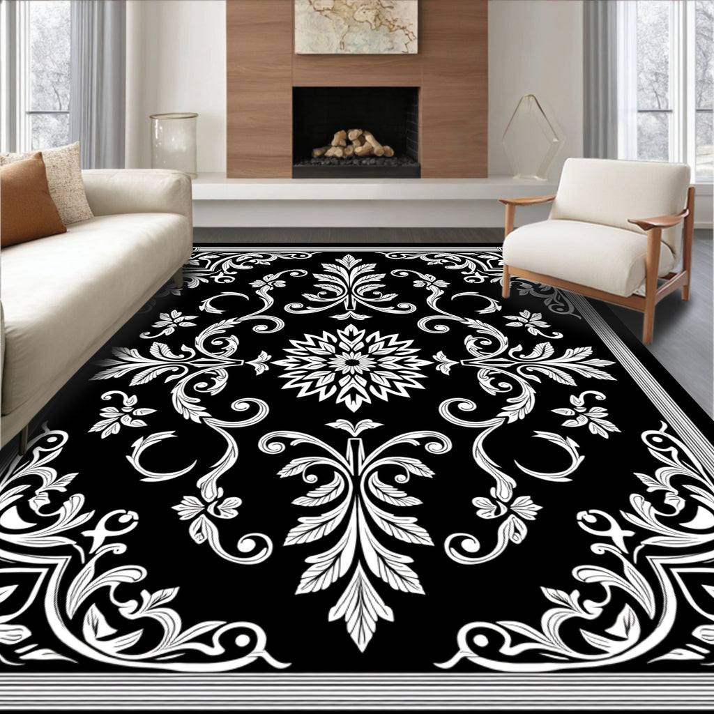 Ornate Black White Floral Scroll Rug