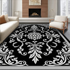 Ornate Black White Floral Scroll Rug