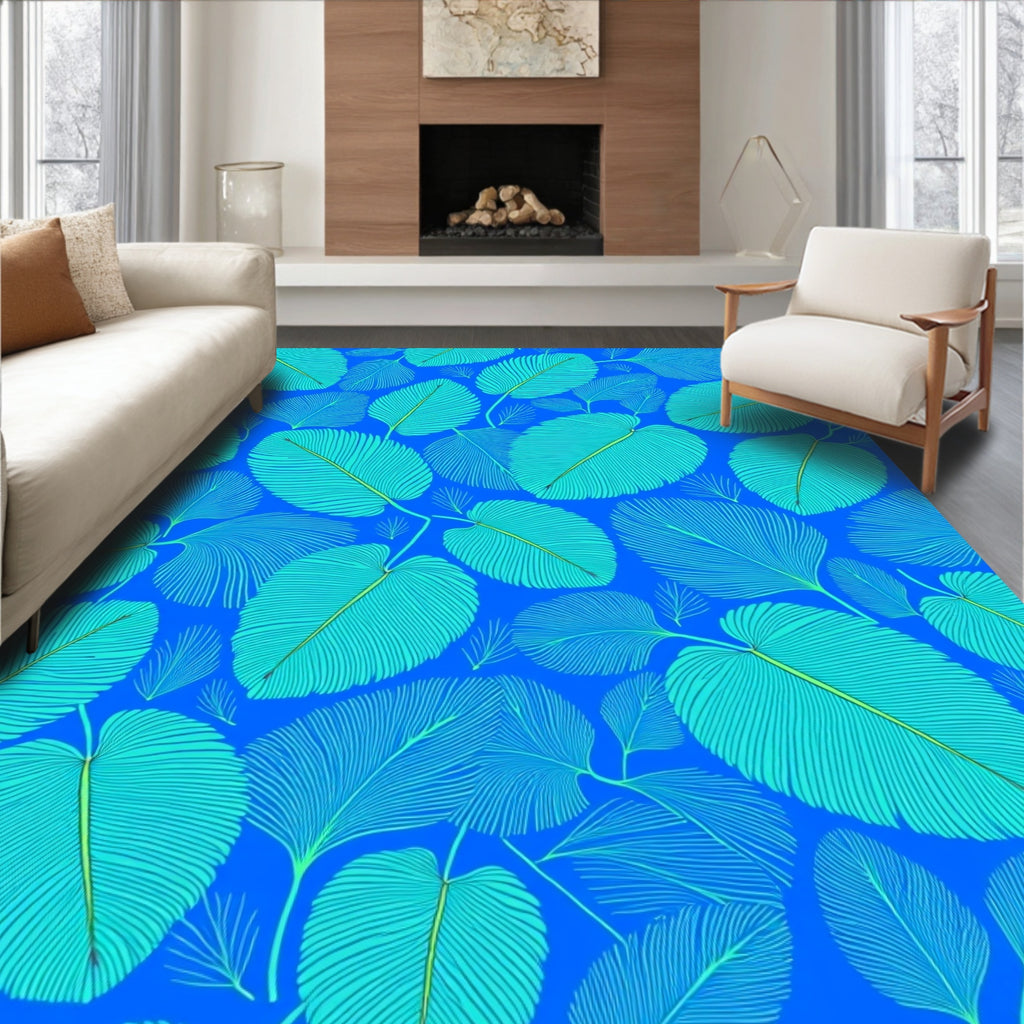 Blue Teal Leaf Pattern Rug