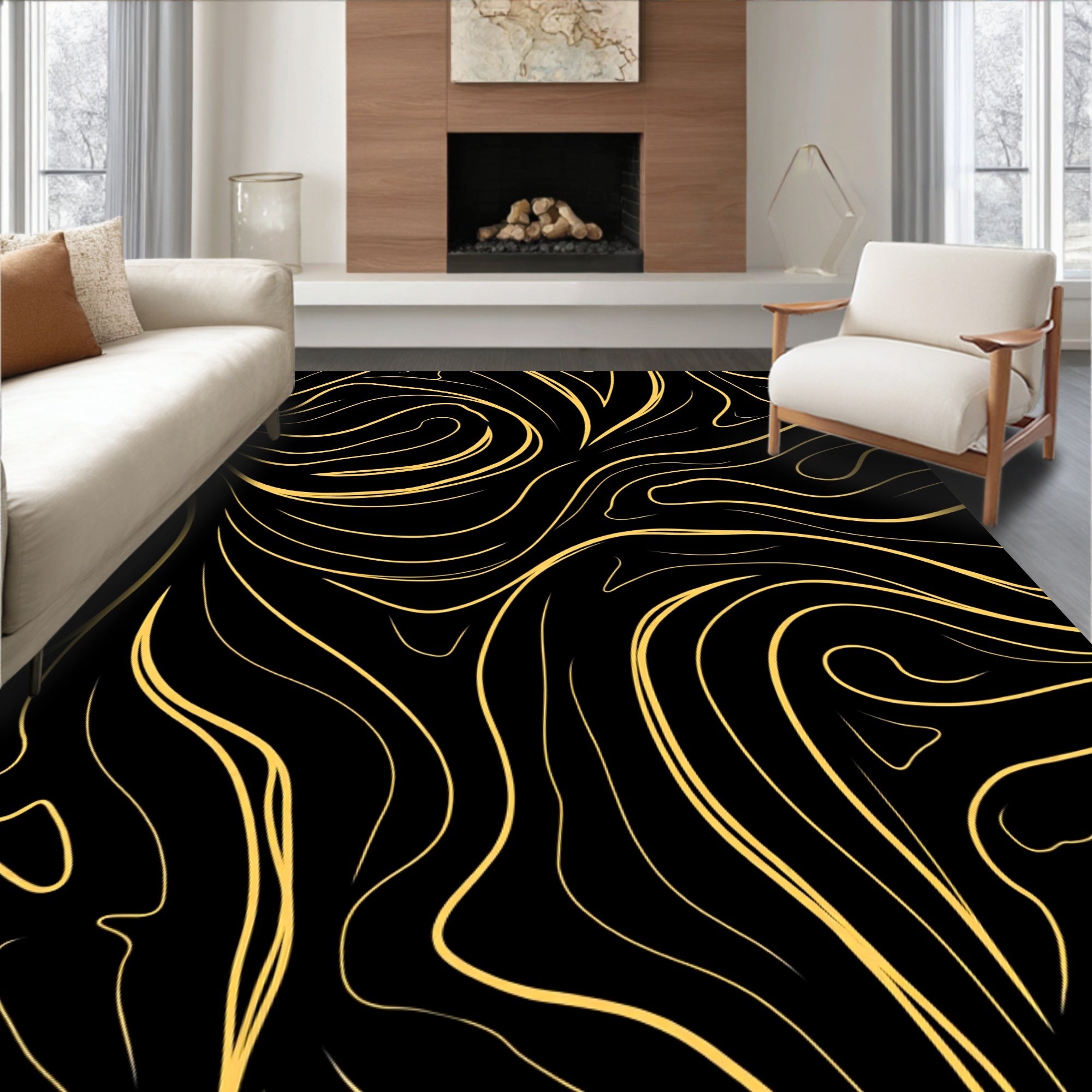 Abstract Swirls Black Golden Design Rug