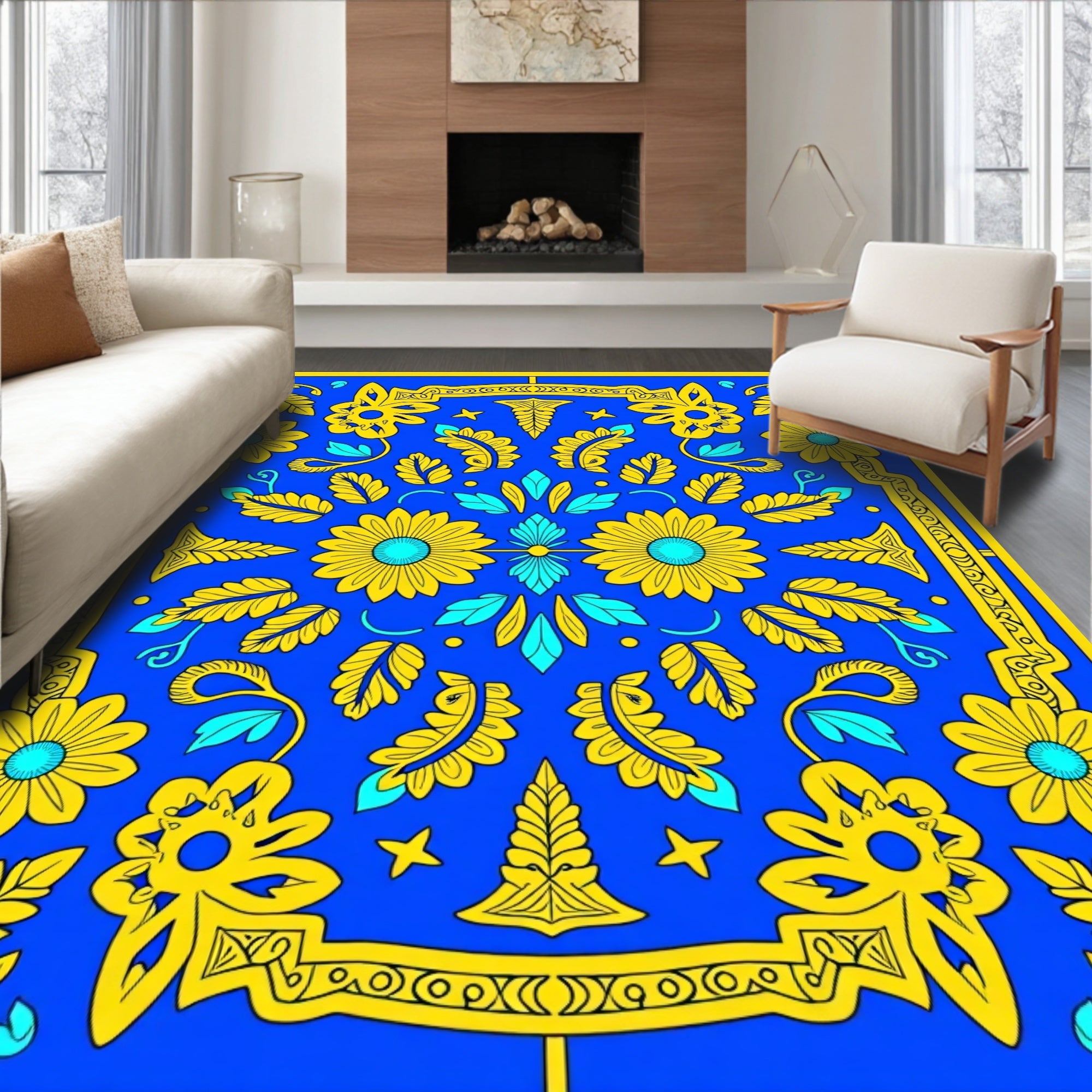 Bold Tropical Floral Blue Yellow Pattern Rug