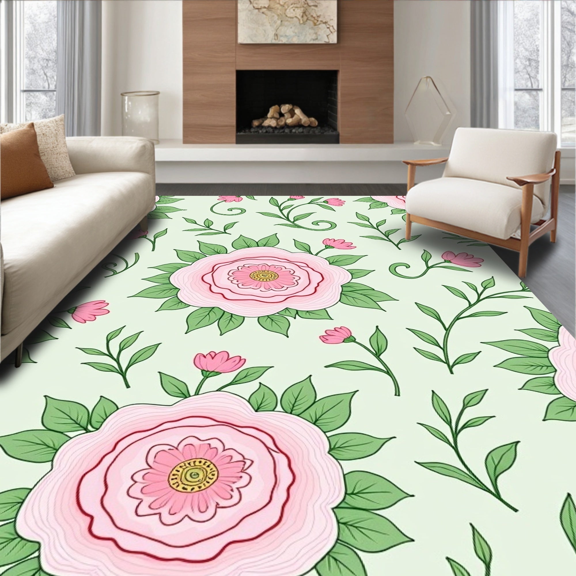 Pink Rose Vine Garden Art Rug