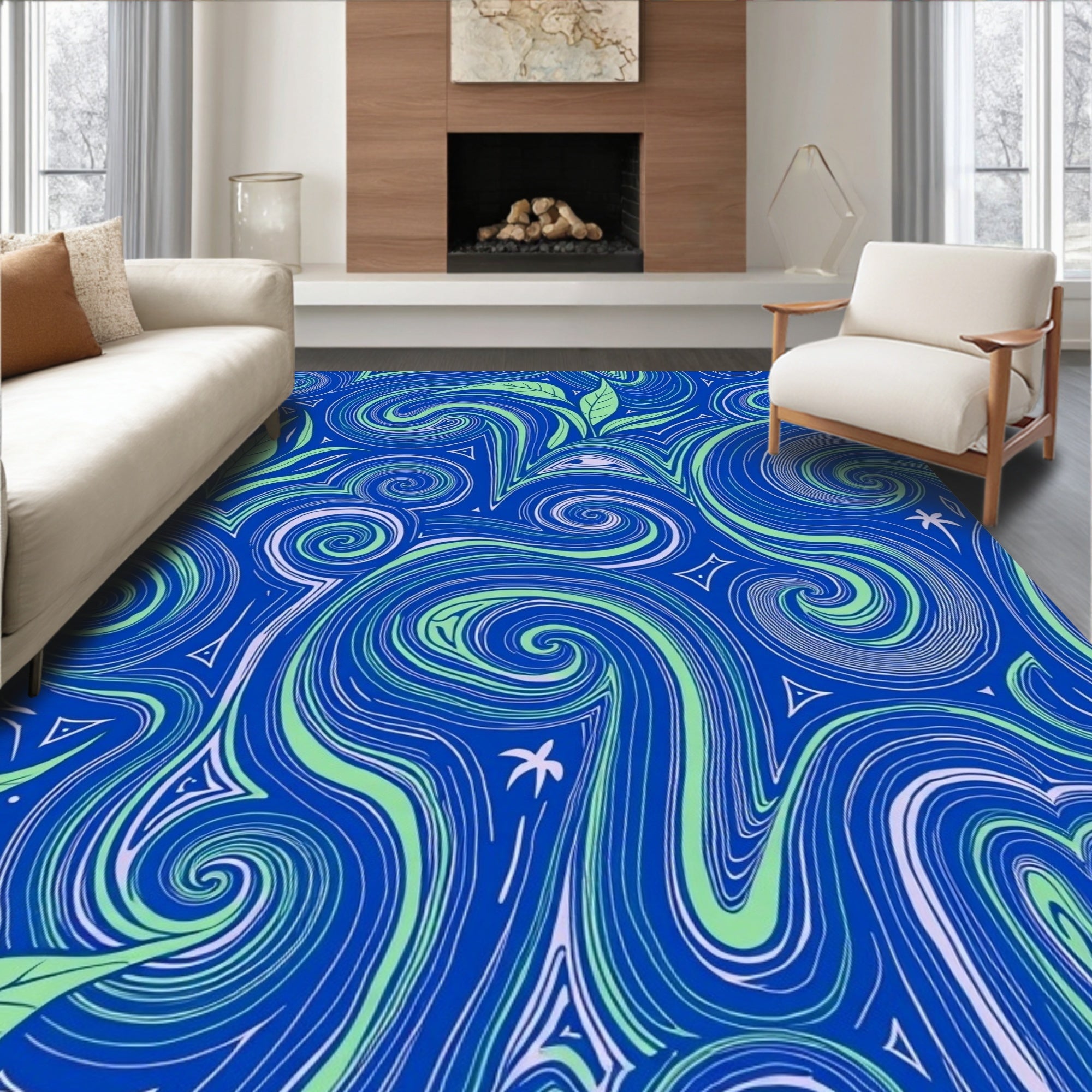 Vibrant Blue Swirling Floral Landscape Rug
