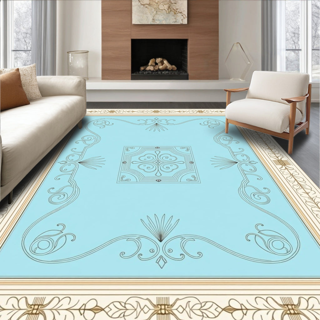 Elegant Cream Blue Scrollwork Rug
