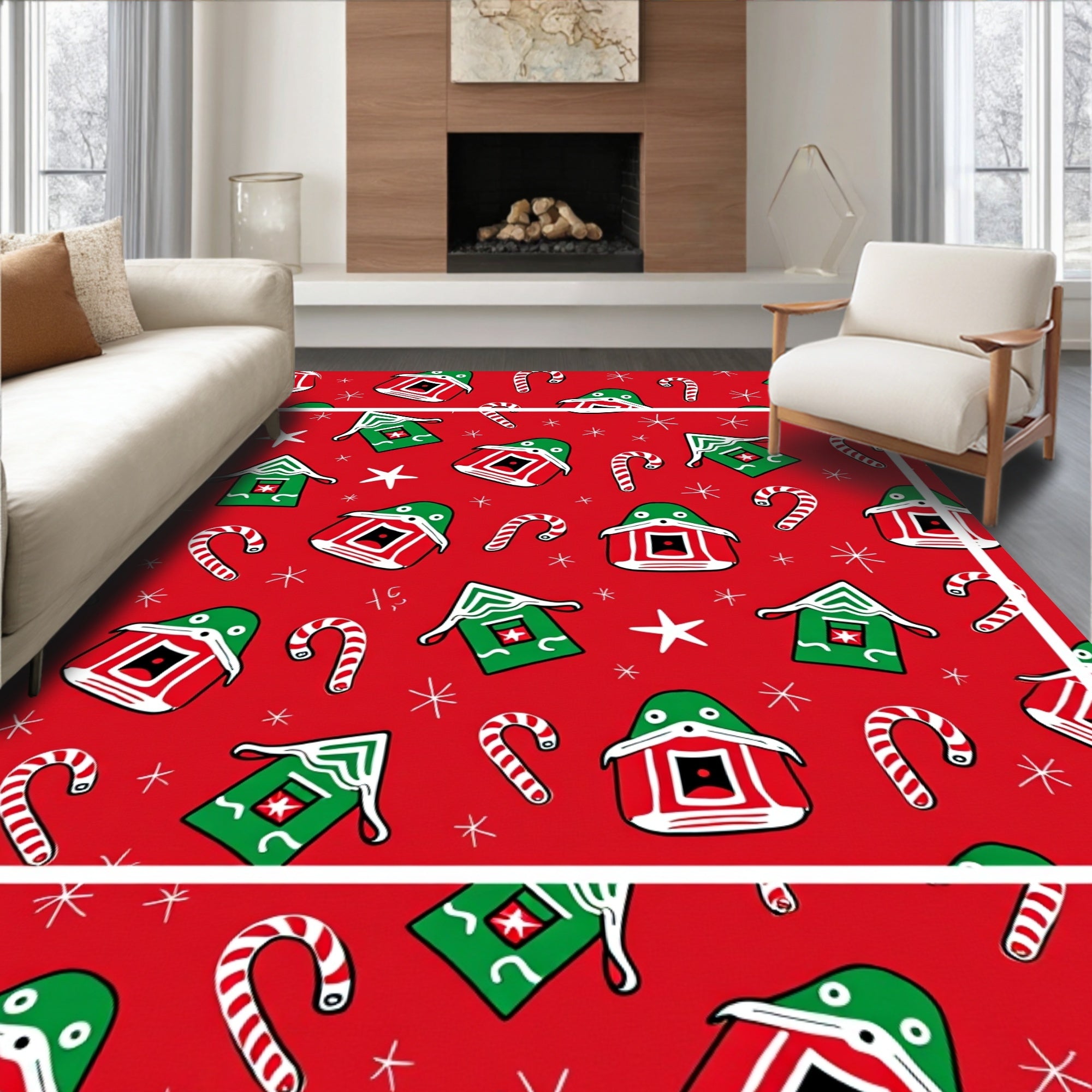 Holiday House and Candy Cane Pattern Rug