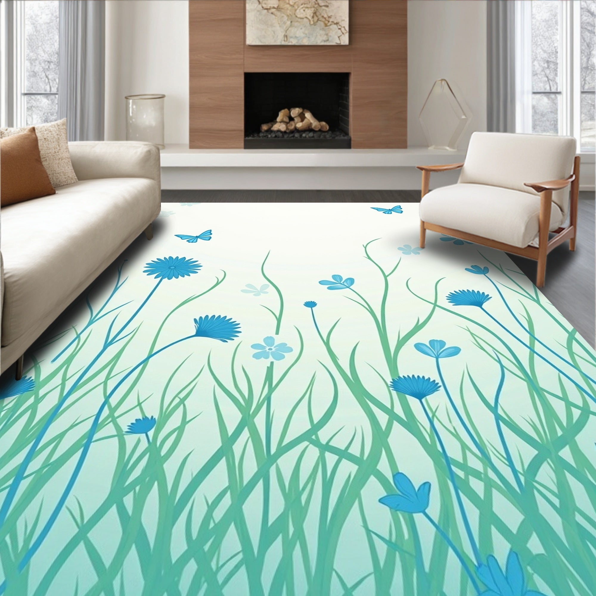 Blue Butterfly Meadow Floral Arrangement Rug