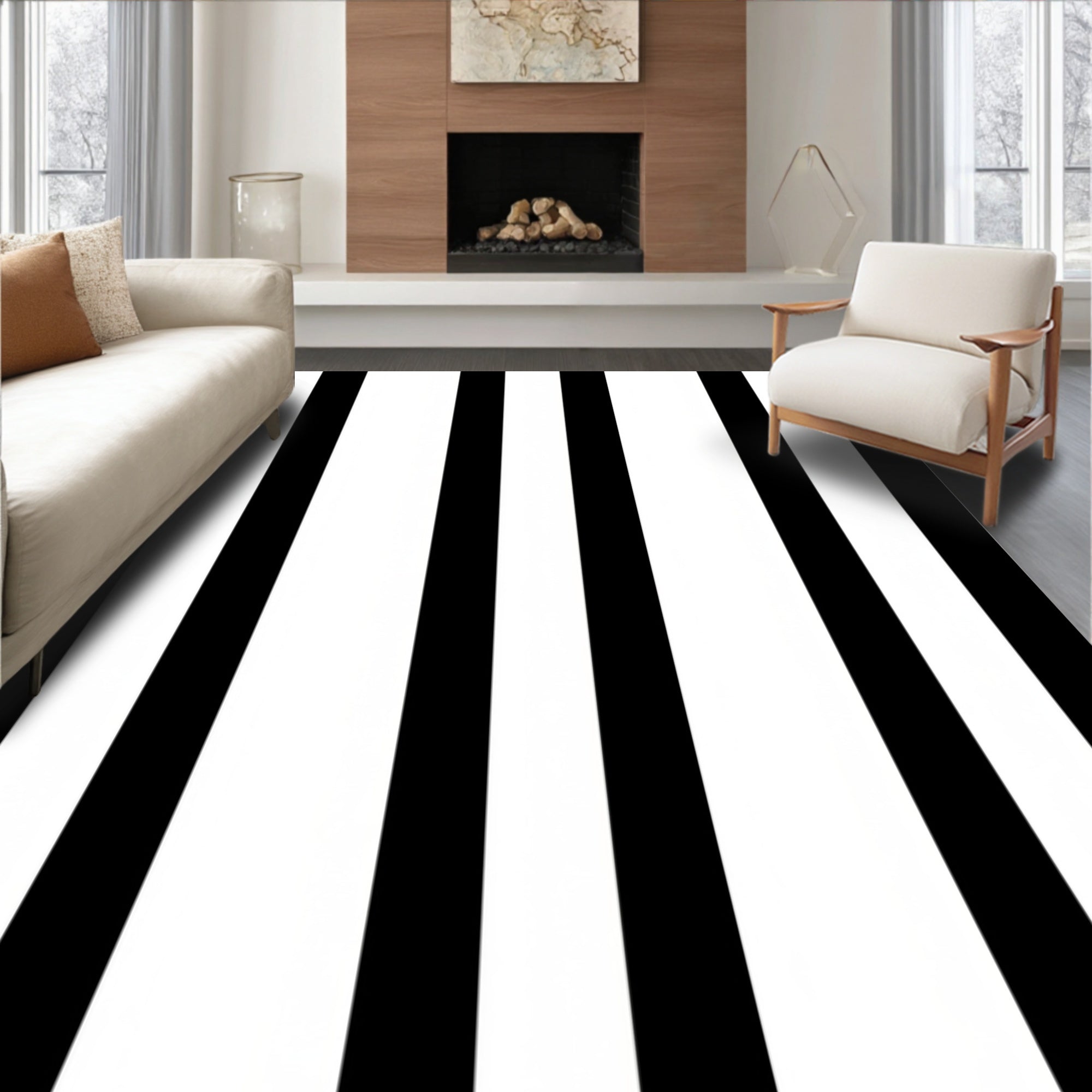 Bold Black White Stripe Design Rug