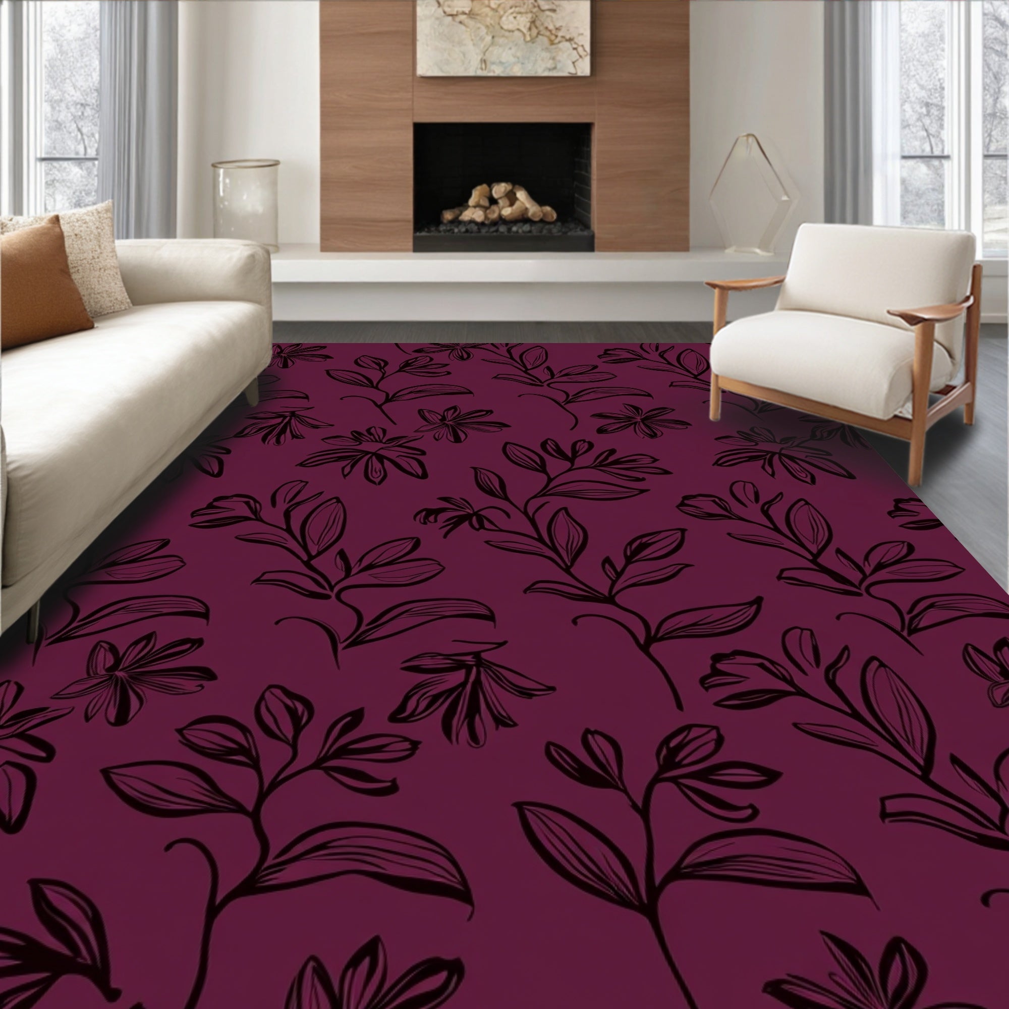 Stylized Floral Botanical Sketch Print Rug