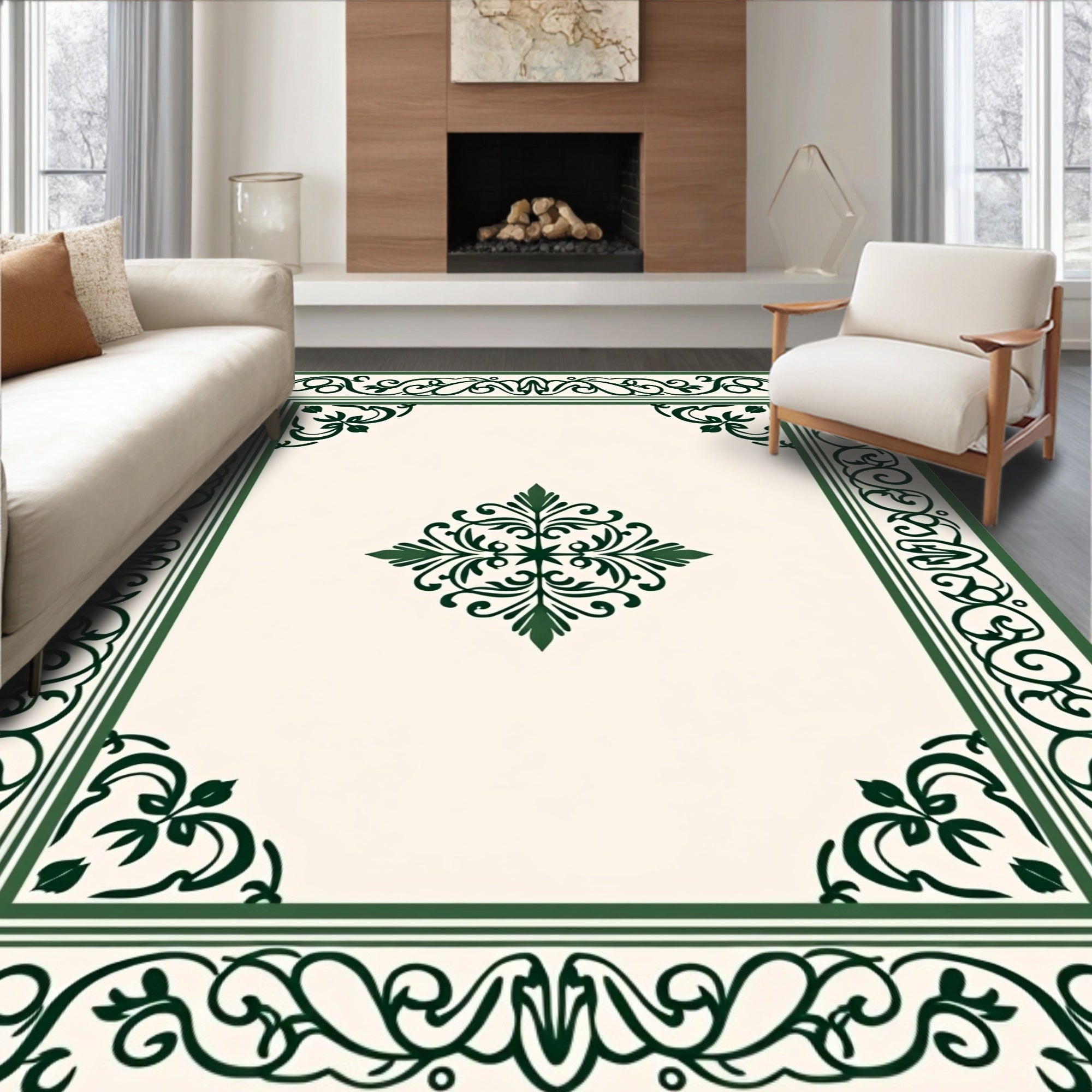 Elegant Green Traditional Floral Border Rug