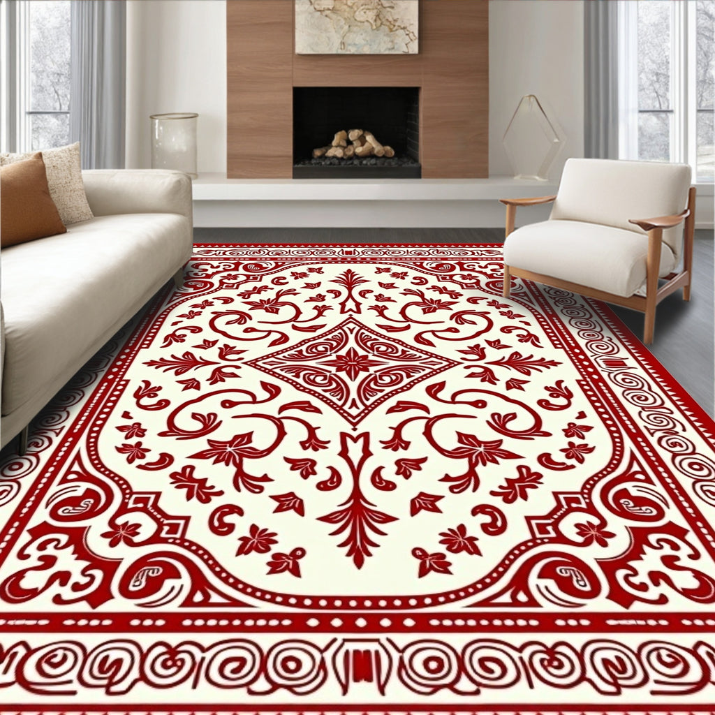 Elegant Red Floral Scroll Pattern Rug