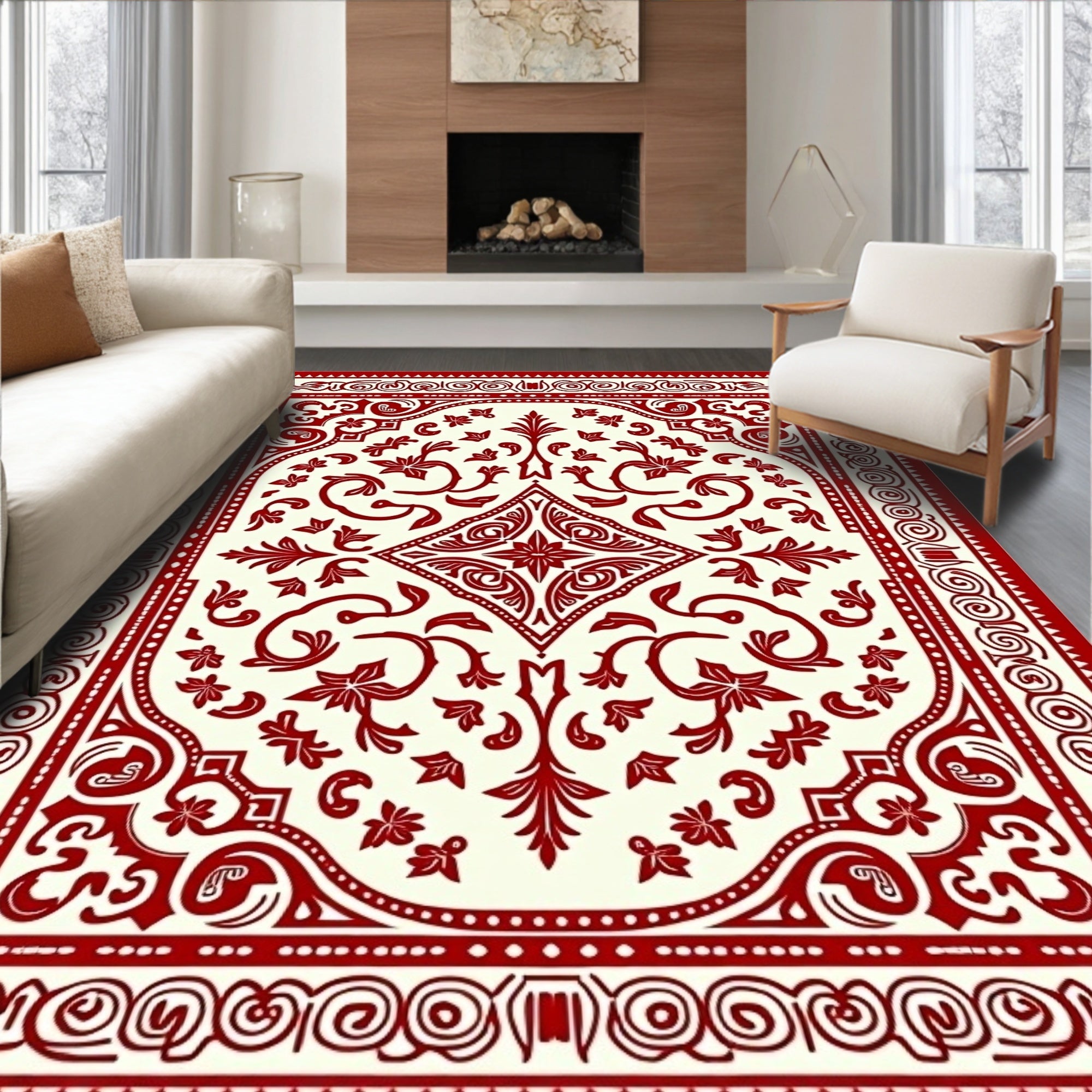 Elegant Red Floral Scroll Pattern Rug
