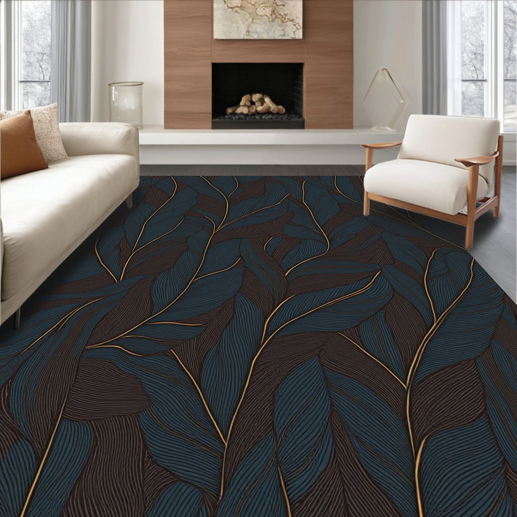 Dark Teal and Gold Feather Pattern Rug