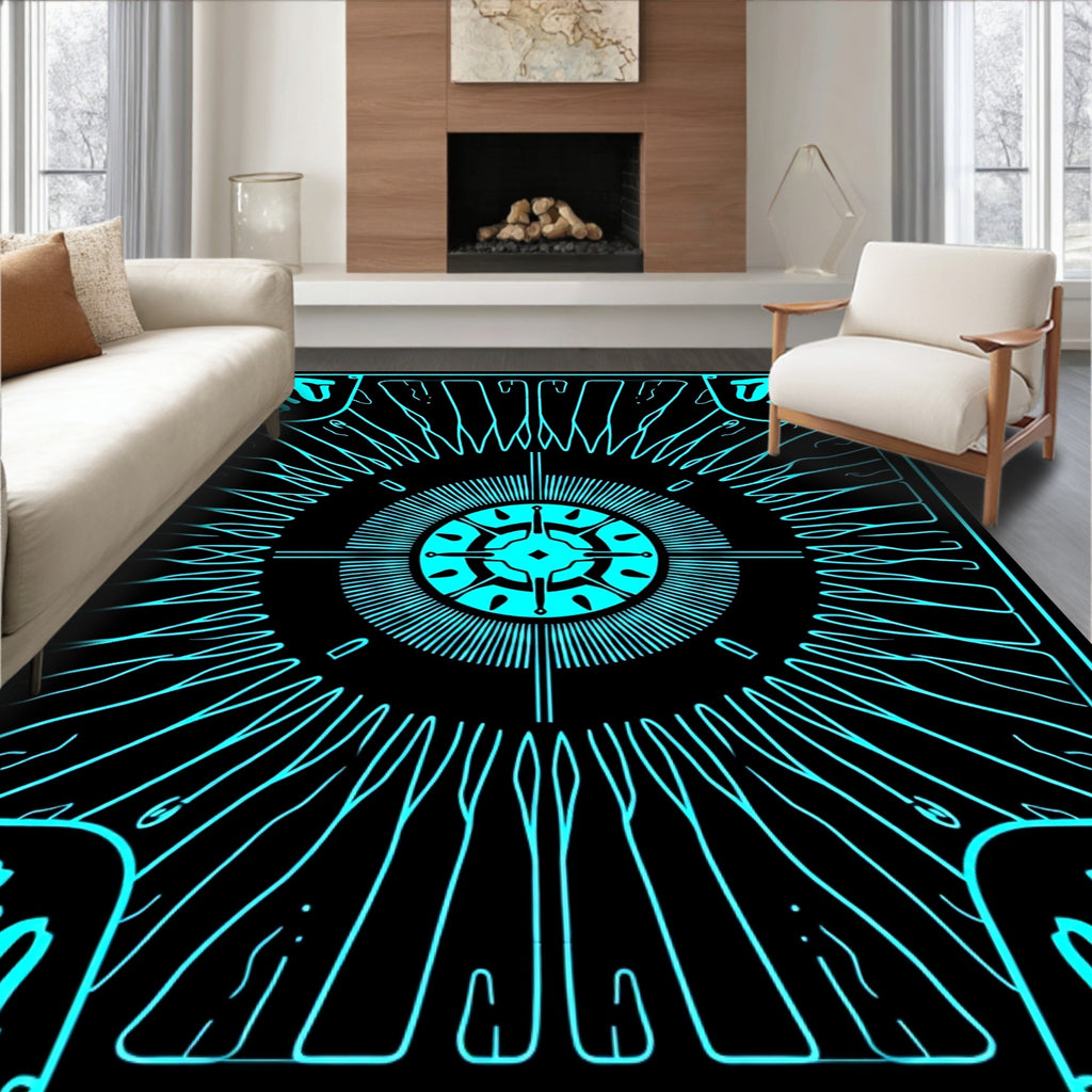 Cyan Geometric Sunburst Design Rug