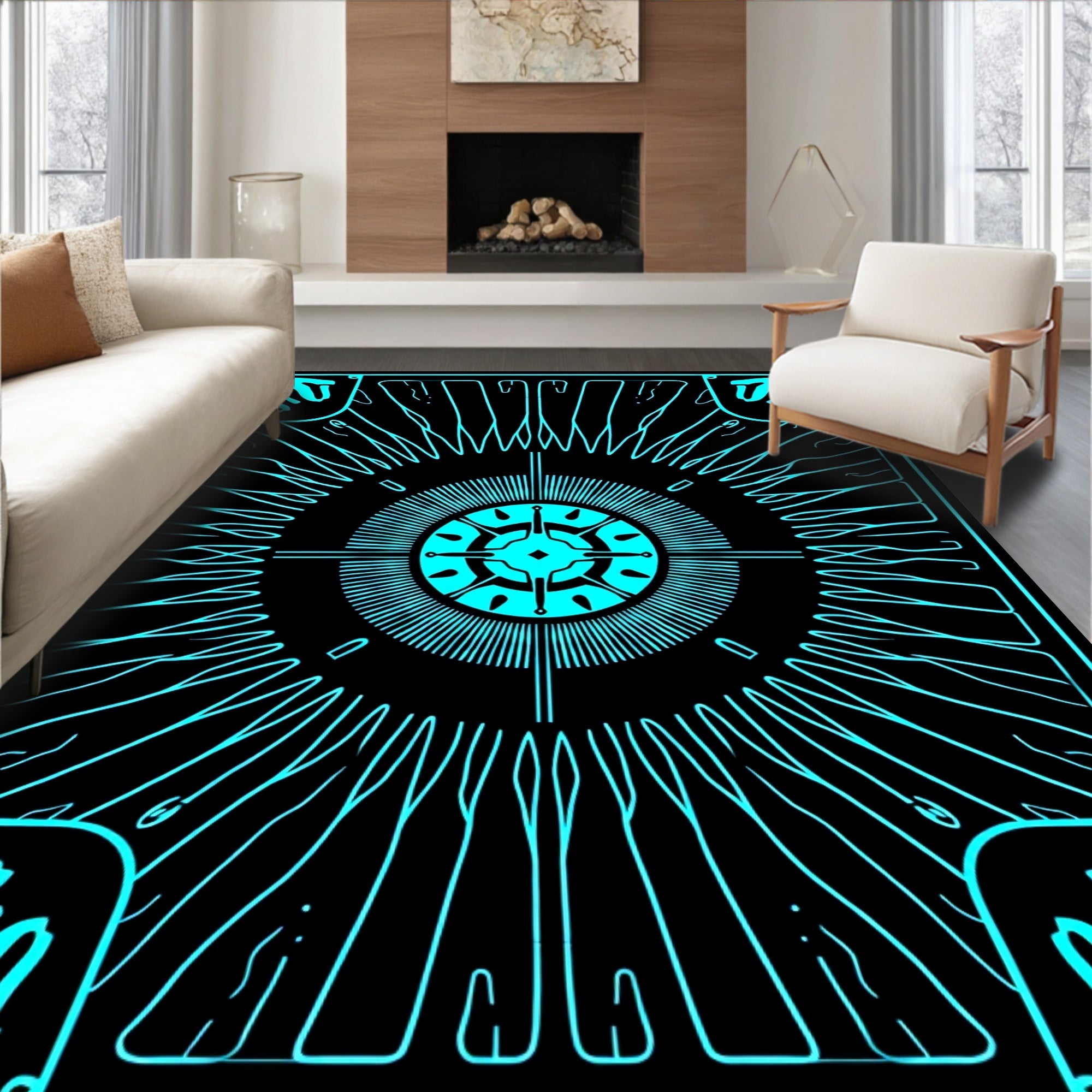 Cyan Geometric Sunburst Design Rug