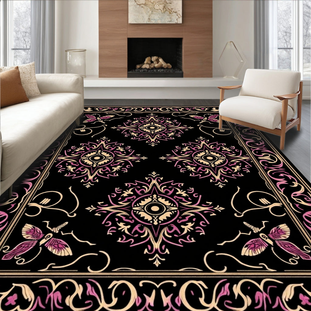 Ornate Black Floral Butterfly Medallions Rug