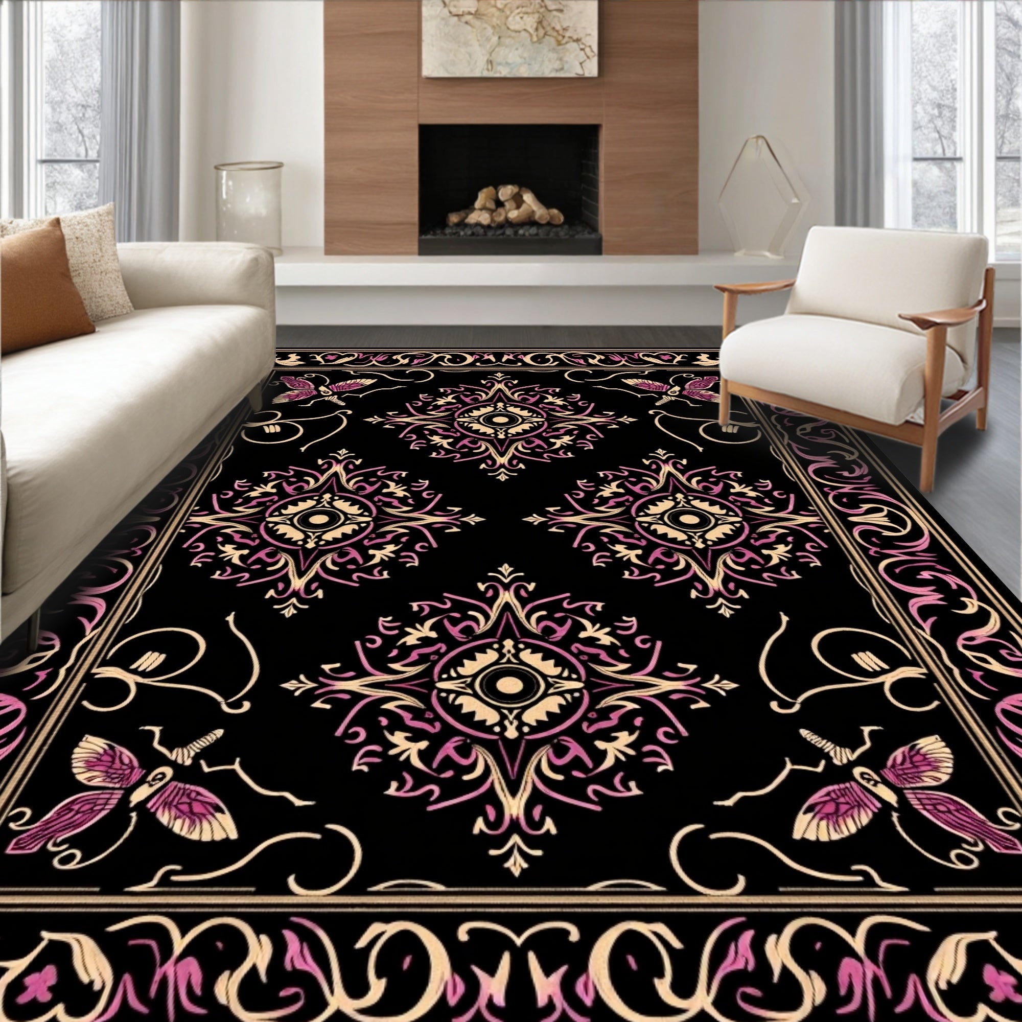Ornate Black Floral Butterfly Medallions Rug