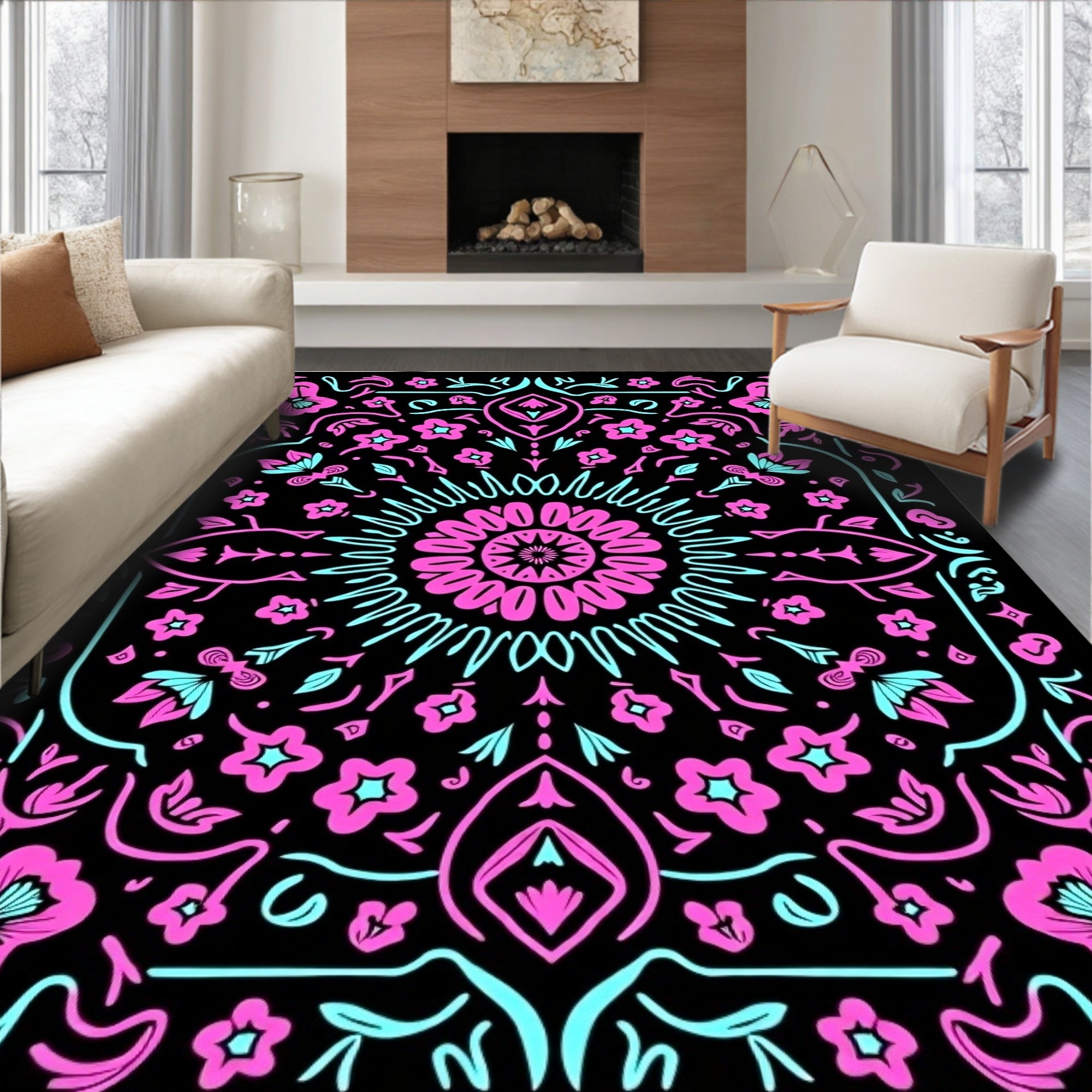Chic Pink Teal Floral Mandala Rug