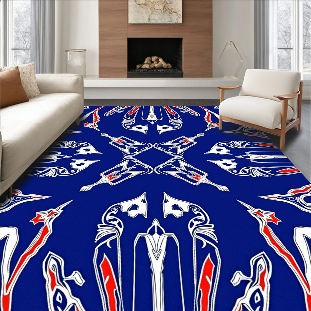 Symmetrical Red White Blue Art Deco Design Rug