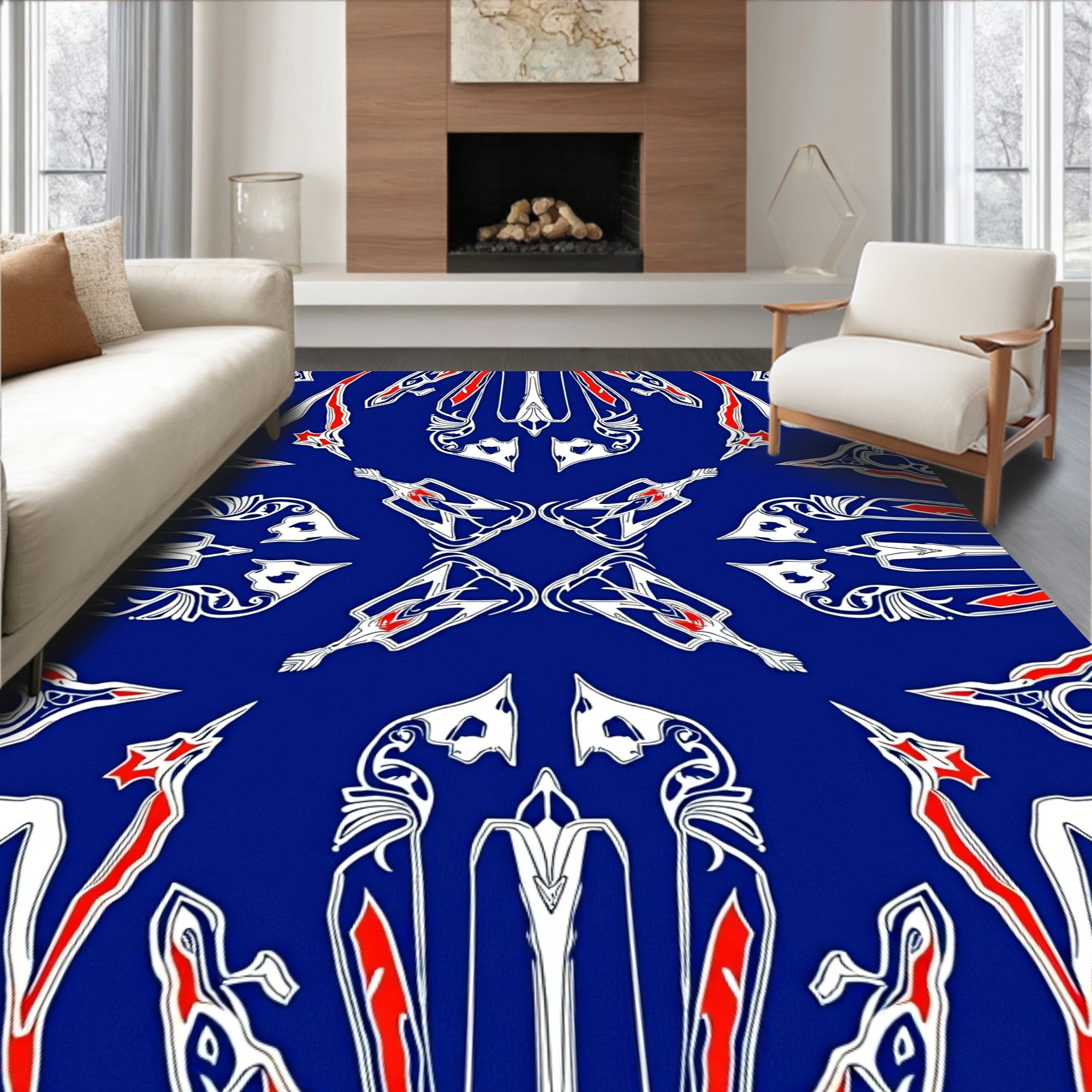 Symmetrical Red White Blue Art Deco Design Rug
