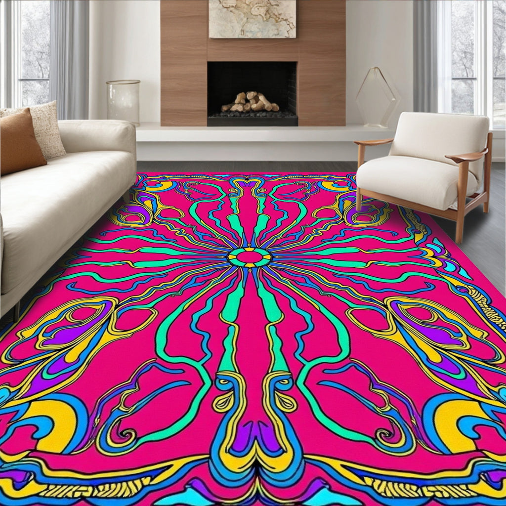 Vibrant Psychedelic Swirl Floral Pattern Rug