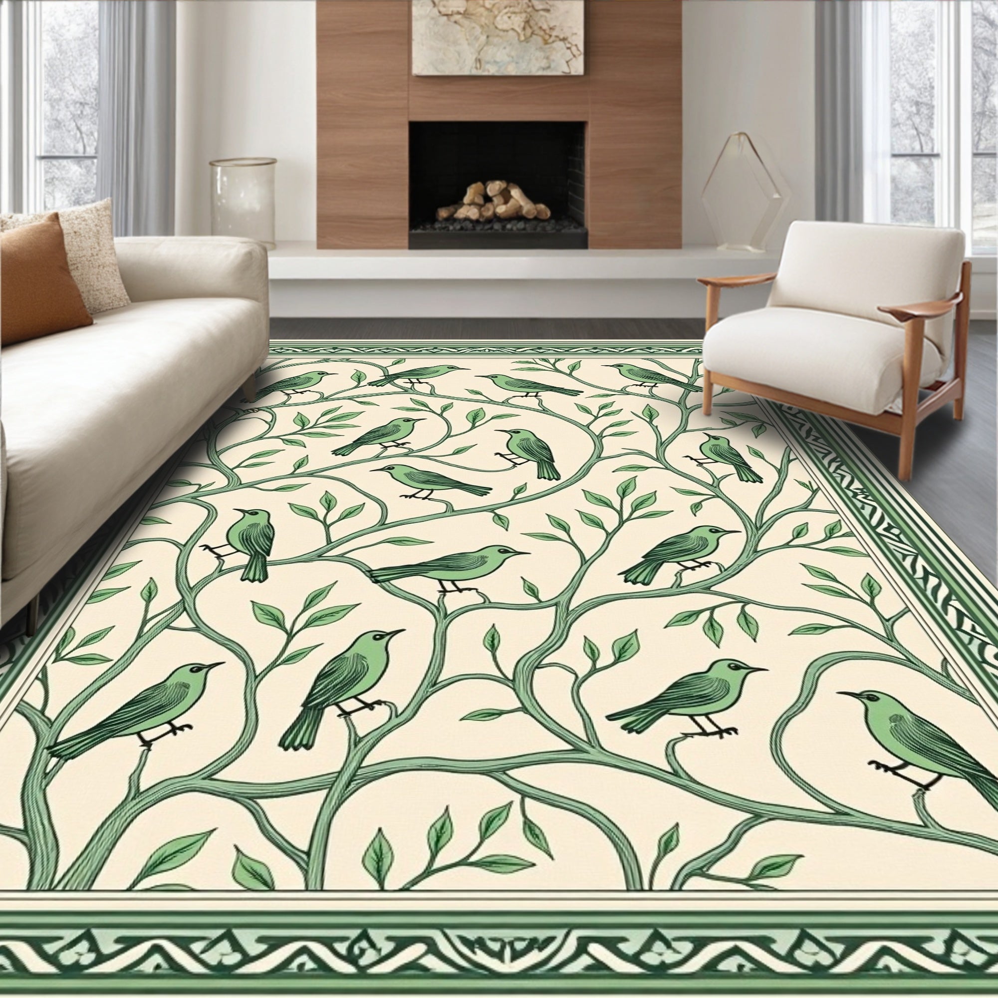 Green Birds on Twig Design Rug