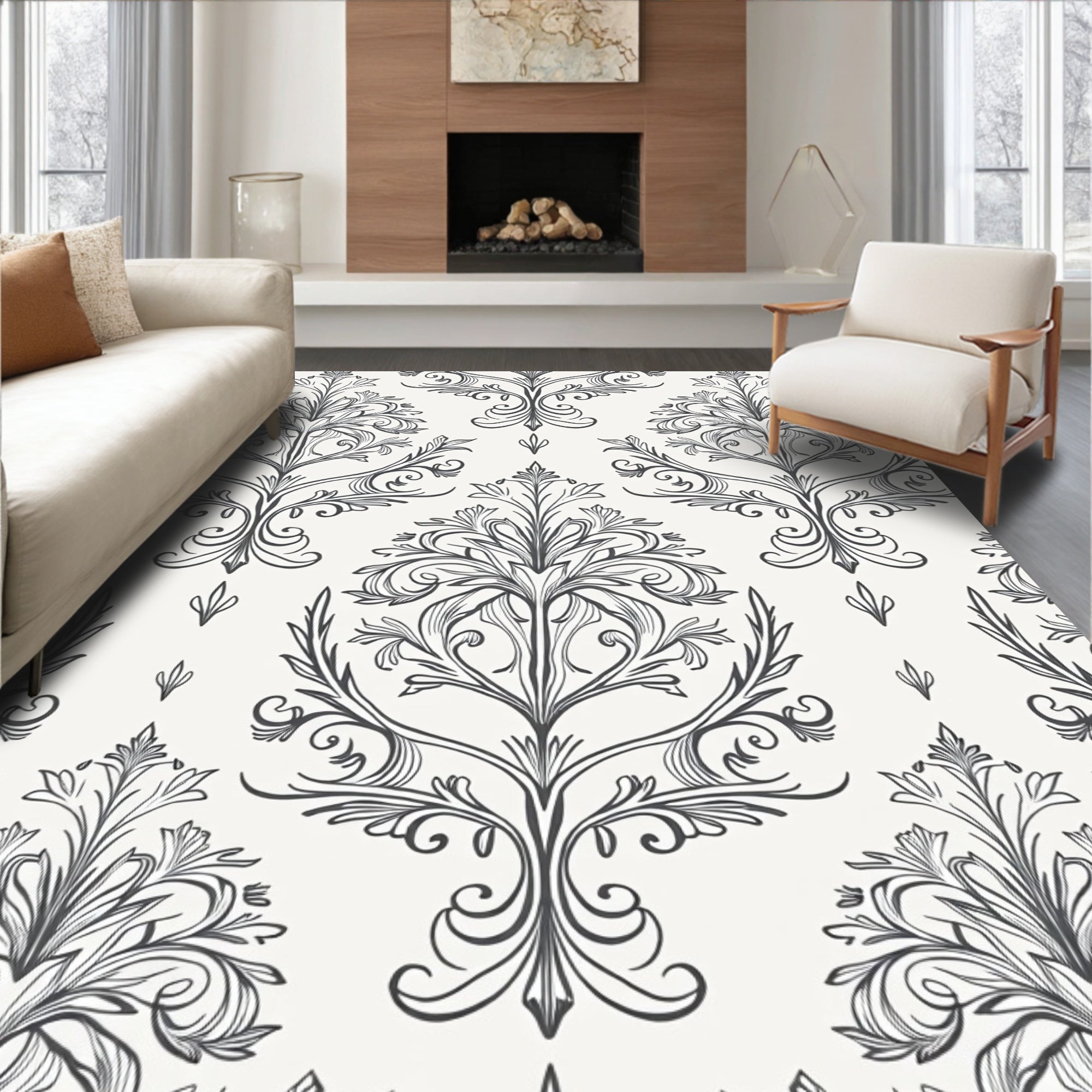 Ornate Floral Damask Pattern Rug