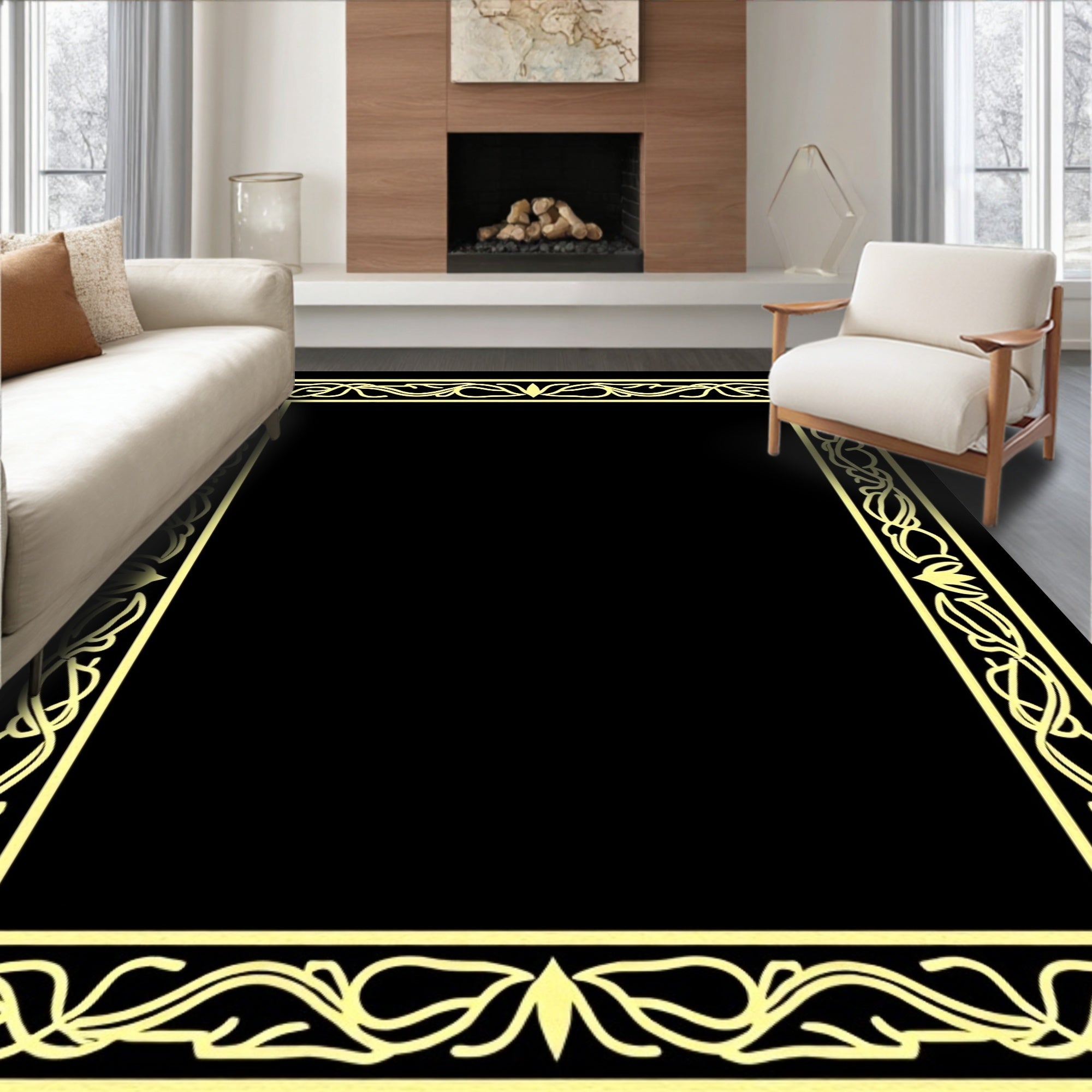 Golden Floral Scroll Frame Design Rug